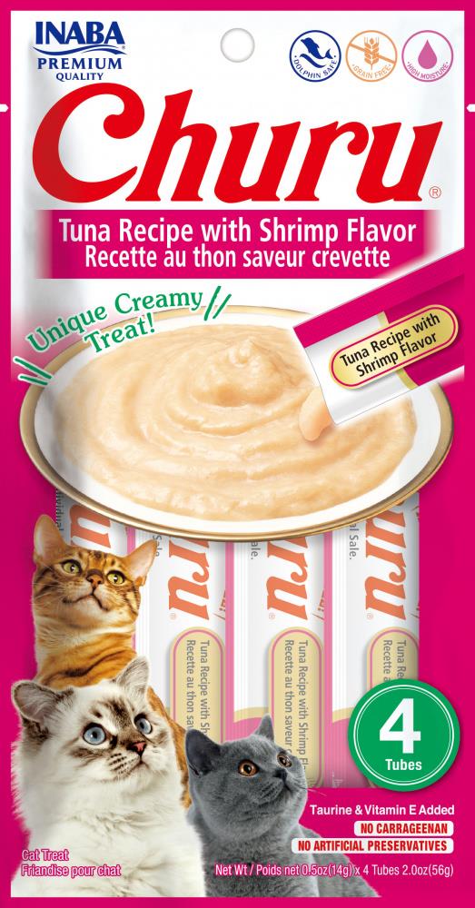 Inaba Churu Tuna and Shrimp Lickable and Squeezable Puree Cat Treat Pouches - 2 Oz (4 Pack) - Case of 6  