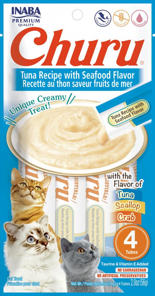 Inaba Churu Tuna and Seafood Lickable and Squeezable Puree Cat Treat Pouches - 2 Oz (4 Pack) - Case of 6  