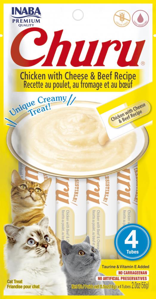 Inaba Churu Chicken Cheese and Beef Recipe Lickable and Squeezable Puree Cat Treat Pouches - 2 Oz (4 Pack) - Case of 6  