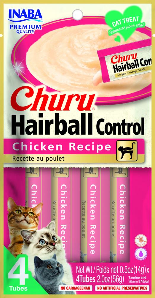 Inaba Churu Chicken Hairball Control Lickable and Squeezable Puree Cat Treat Pouches - 2 Oz (4 Pack) - Case of 6  