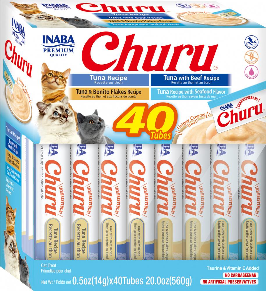 Inaba Churu Tuna Lickable and Squeezable Puree Cat Treat Pouches - Variety Pack - .5 Oz - Case of 40  