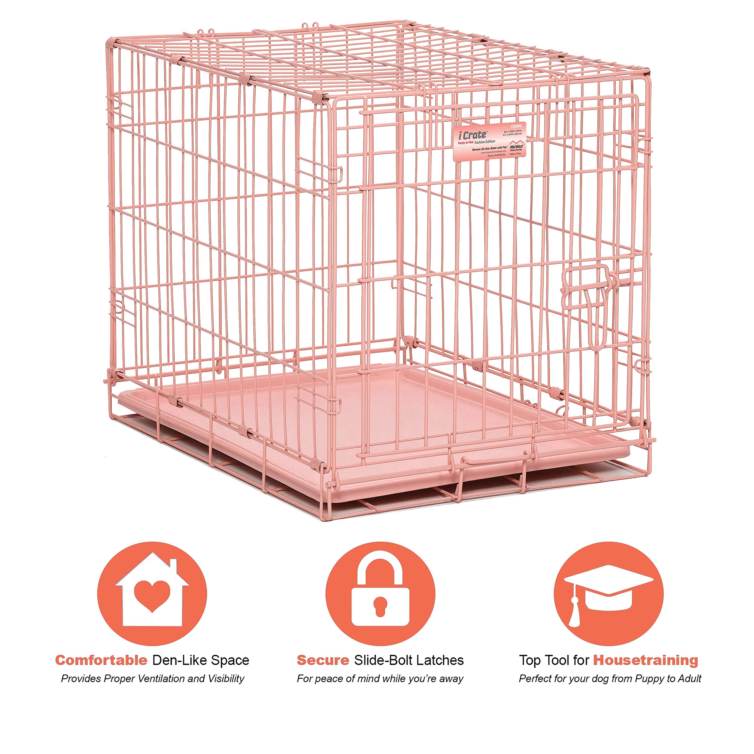 Midwest I-Crate Metal Folding Single Door Crate Carrier - Pink - 24" X 18" X 19" Inches  