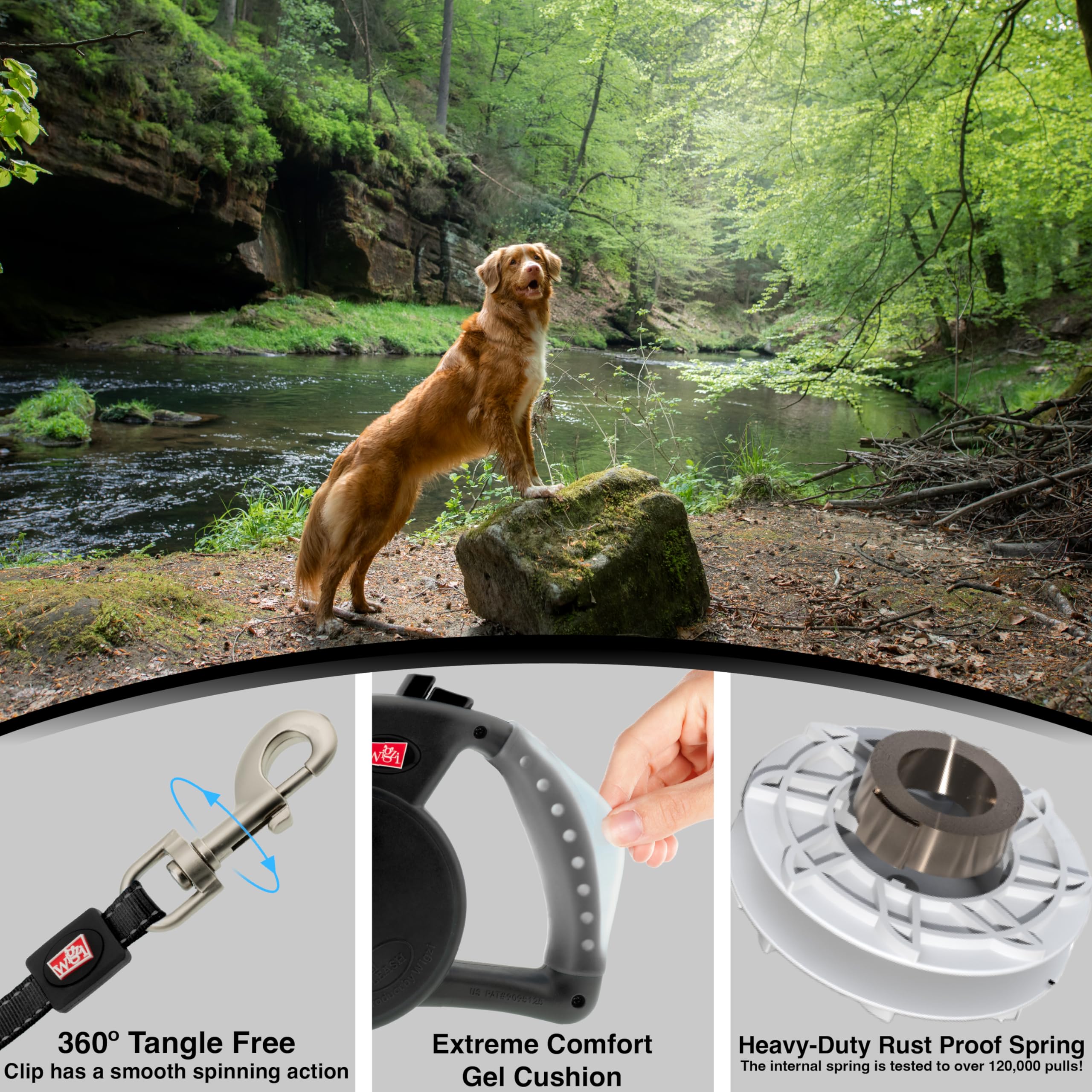 Wigzi Gel Handle Gripped Tape Retractable Nylon Dog Leash - Black - Medium - Up to 16 Feet  