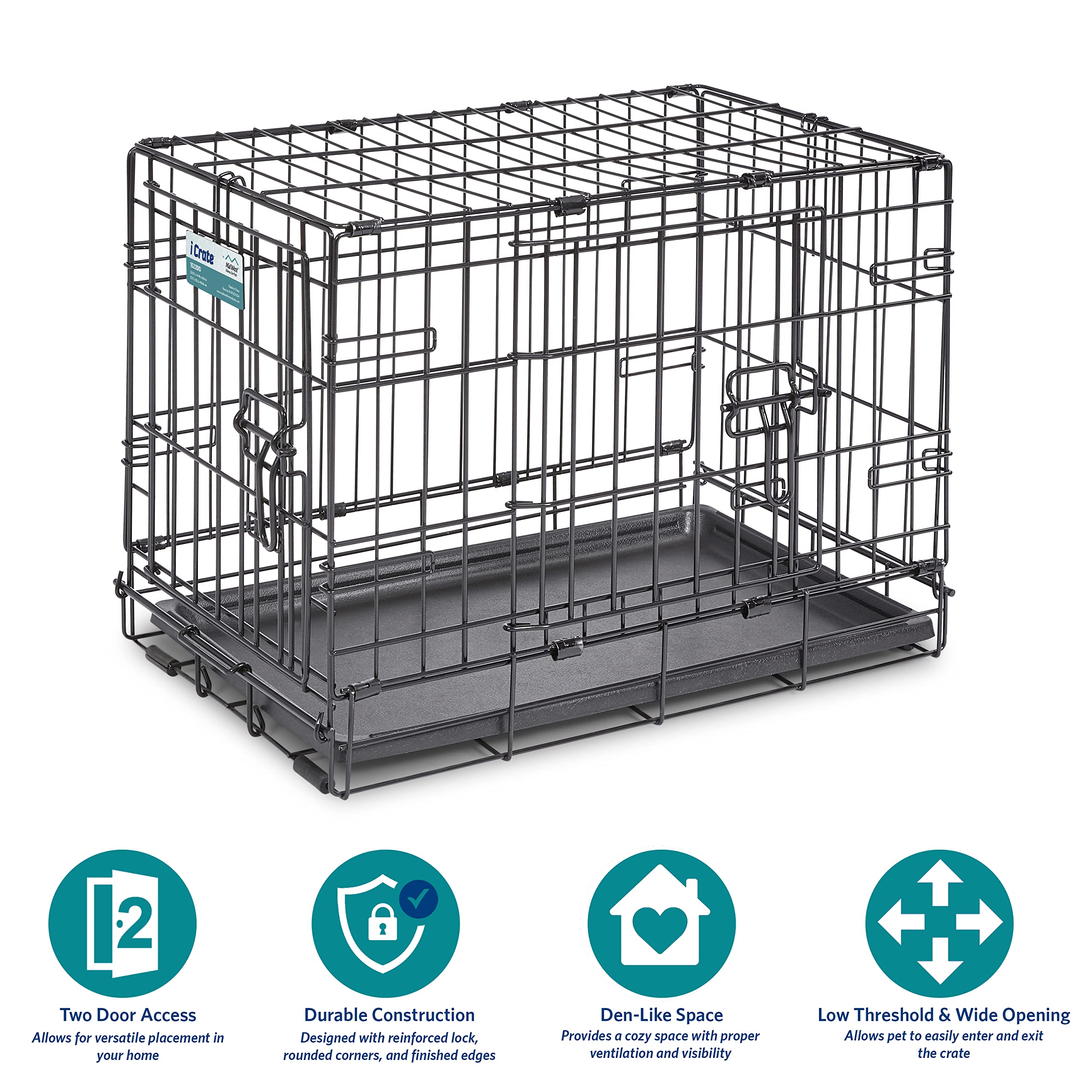 Midwest I-Crate Double Door Metal Folding Dog Crate with Divider Panel - 22" X 13" X 16" Inches  