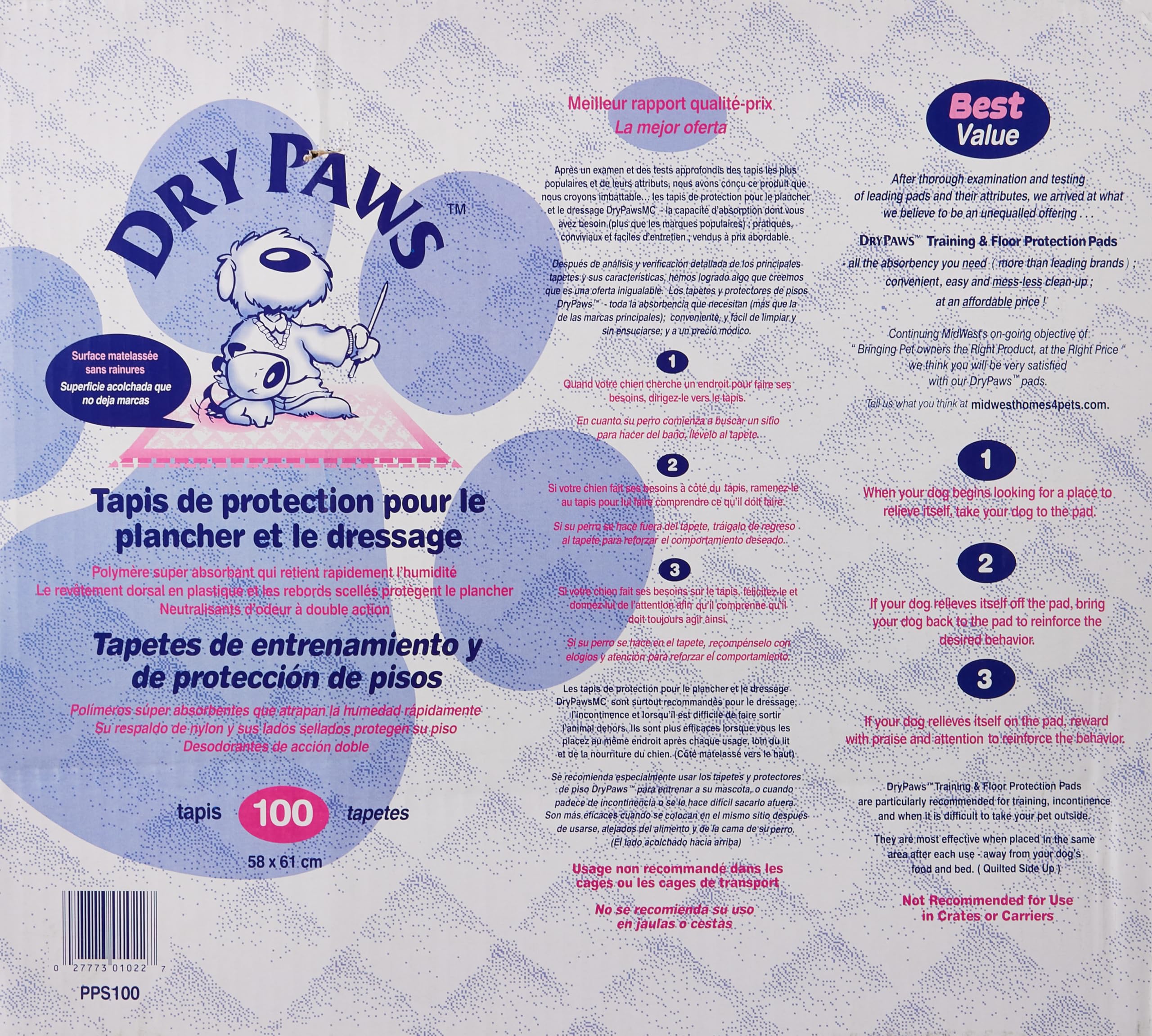 Midwest Dry Paws Absorbent and Quilted Floor and Training Dog Pads - 100 Pack - L:23