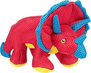 GoDog Double Chew Guard Mesh Dinos Frills Squeak and Chew Dog Toy - Red - Small