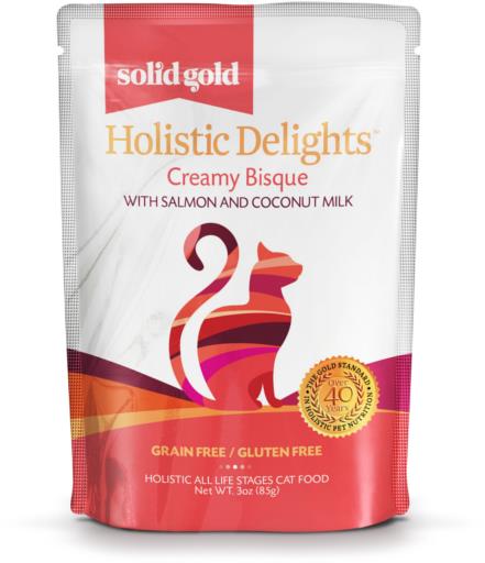 Solid Gold Holistic Delights Grain-Free Creamy Bisque Salmon and Coconut Puree Wet Cat Food Pouch - 3 Oz - Case of 24  