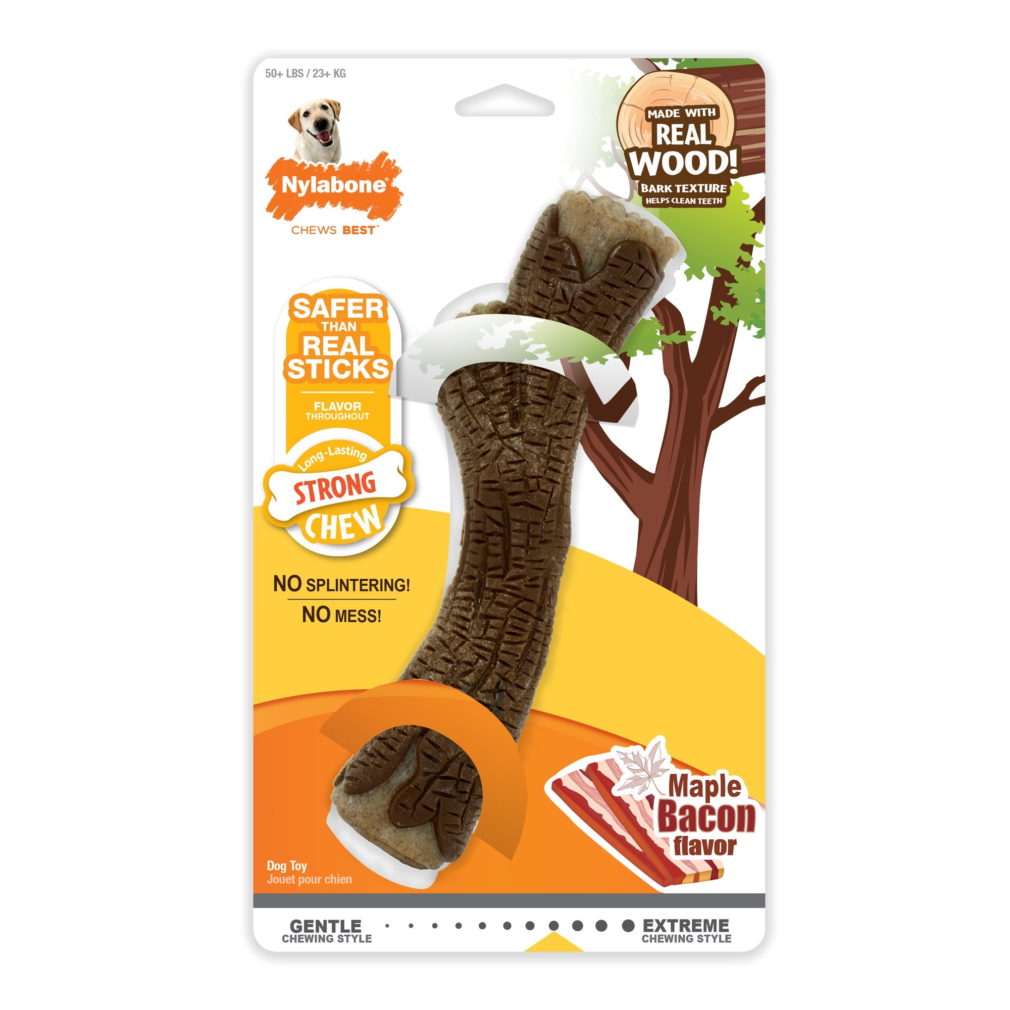 Nylabone Real Wood Stick Bacon Flavored Moderate and Aggressive Chewer Wooden Chew Dog Toy - Extra Large