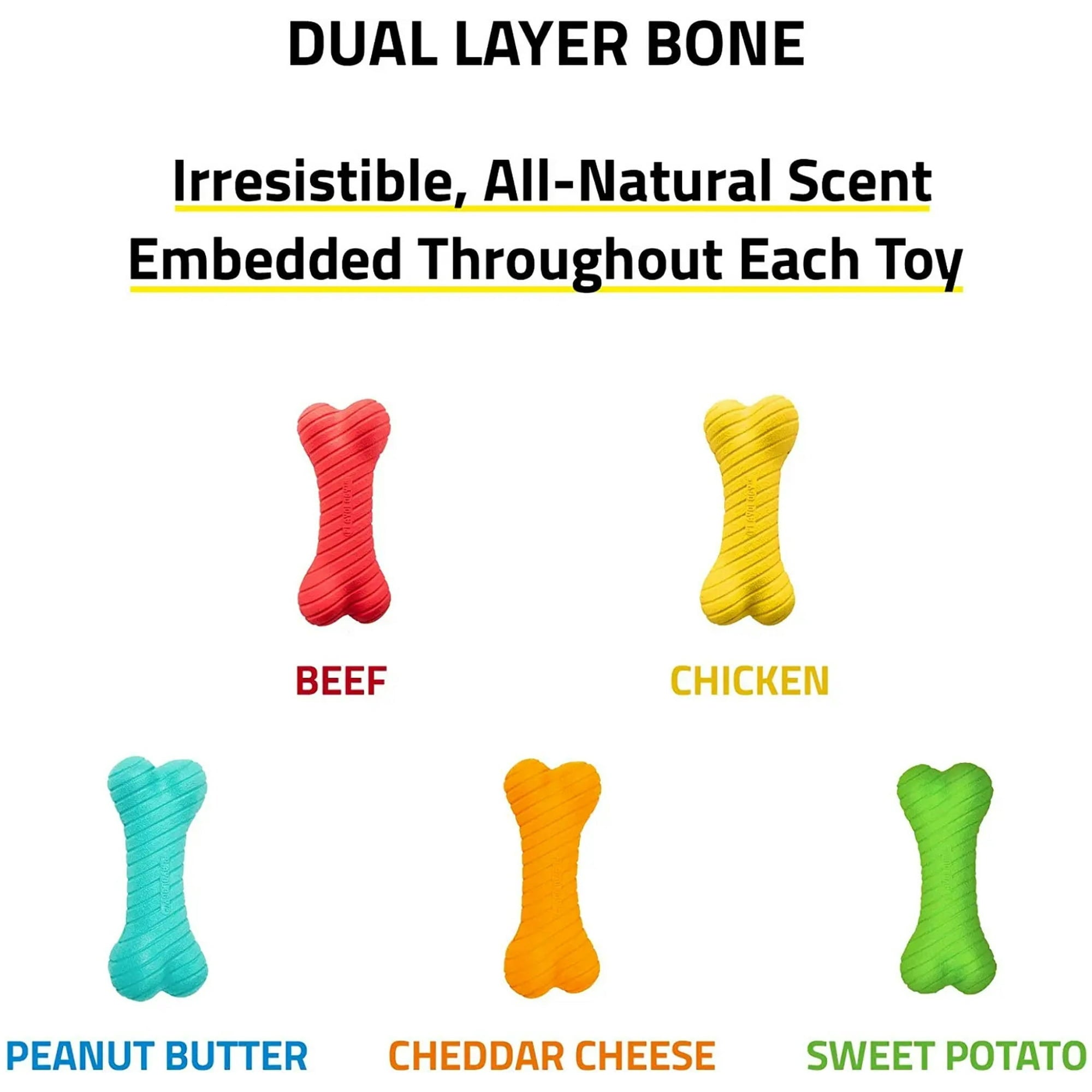 Playology Durable Dual-Layered Bone Chicken Scented Fetch and Chew Rubber Dog Toy - Yellow