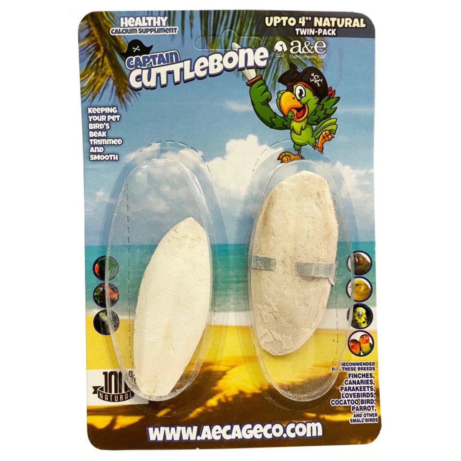 A&E Cage Company Natural Flavored Cuttlebone Twin Blister Pack Bird Treats - 4 Inches