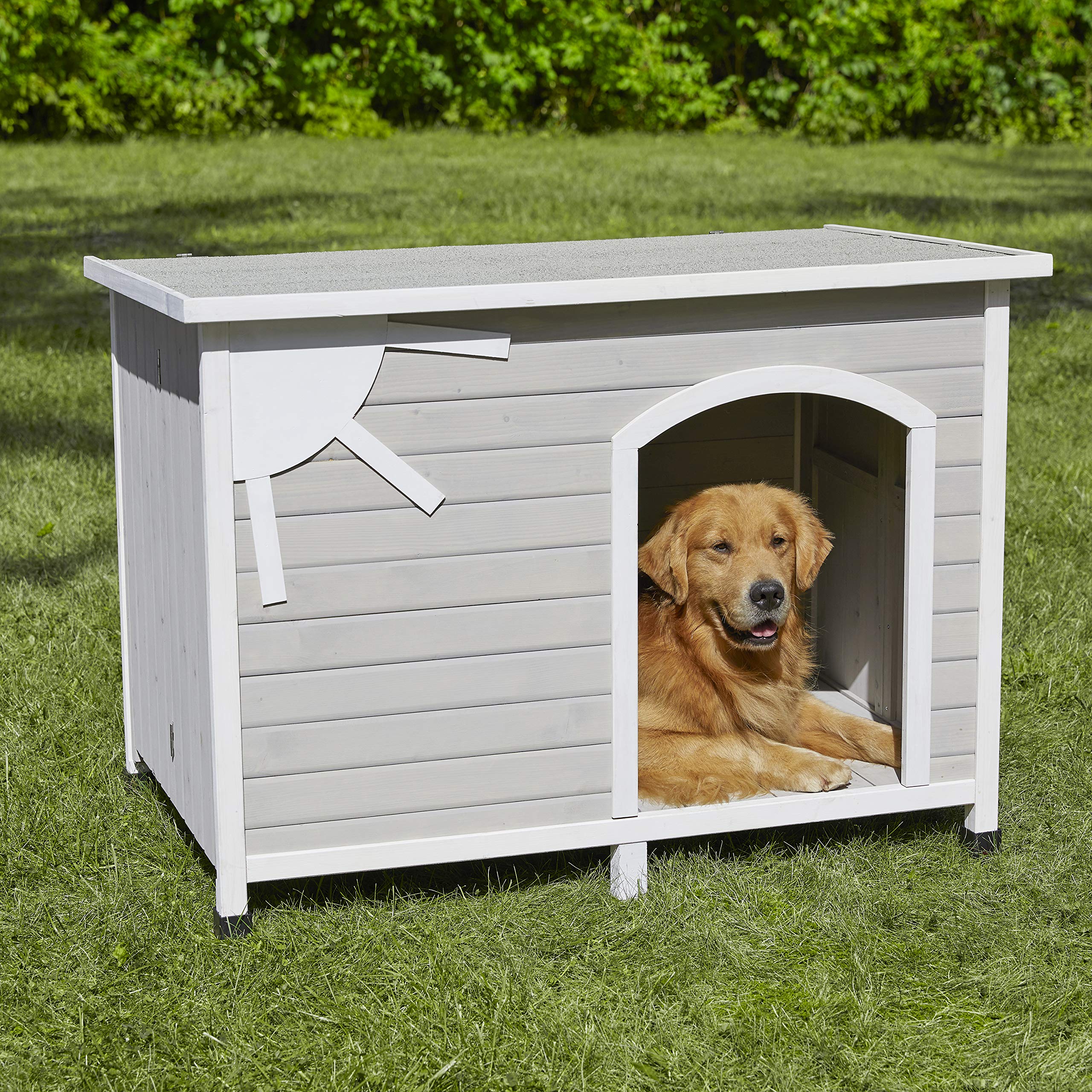 Midwest Eillo Folding Outdoor Wooden Dog House - Gray/White - Large - 28.9" X 45.1" X 33.1" Inches  