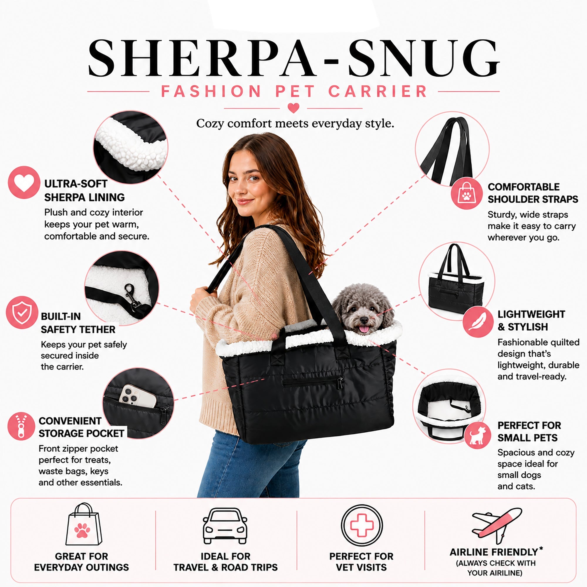 Pet Life ® “Sherpa-Snug" Over-The-Shoulder Designer Fashion Pet Carrier