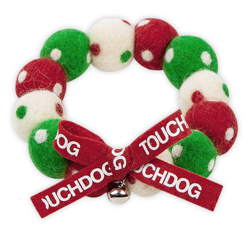 Touchcat ® Pom-Pom Patterned Designer Cat Neck Collar with Chime Bell - Red Green and White  