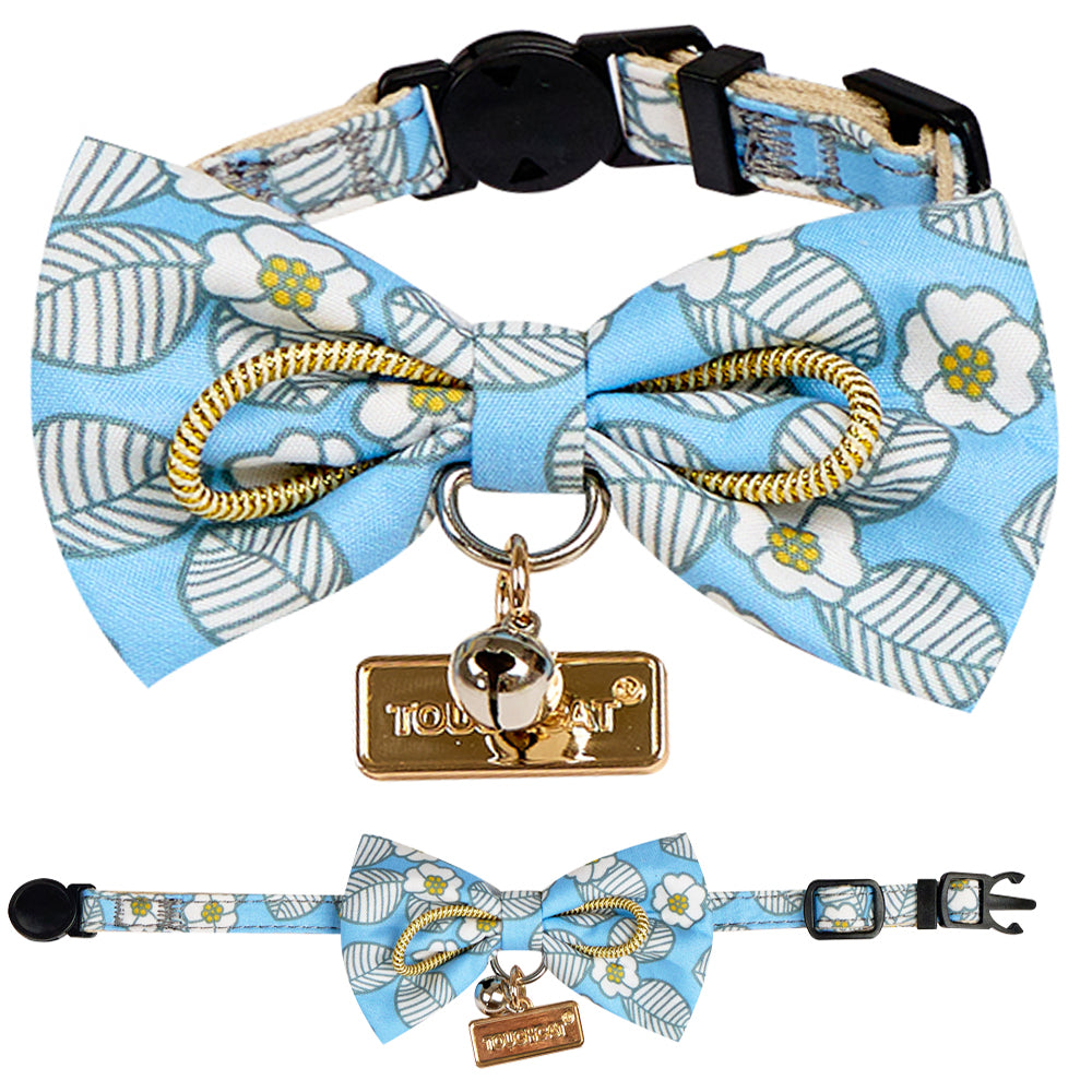 Touchcat ® Floral Patterned Designer Cat Collar with Bow - Blue - Large  