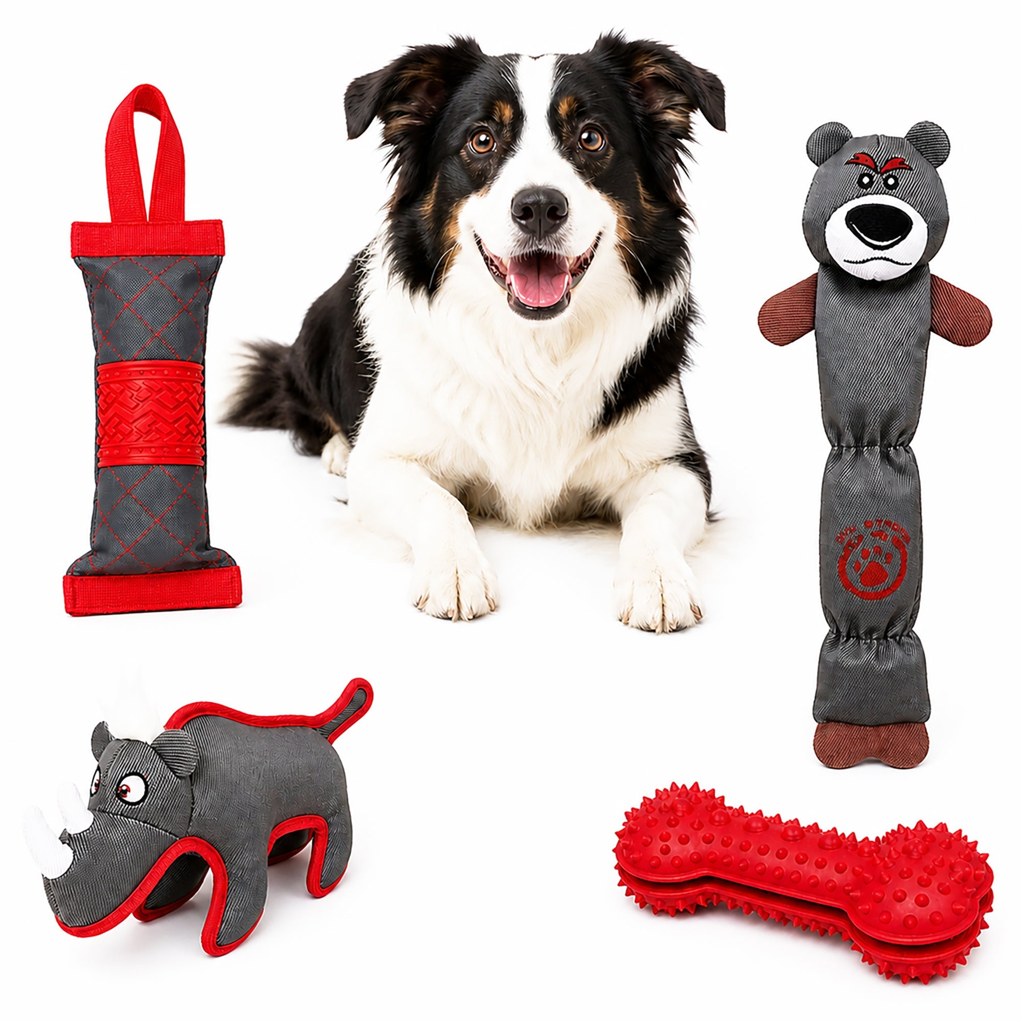 Pet Life ® 4-Piece Durable Plush Nylon and Rubber Fetch Squeak and Rope Dog Toy Set - Red and Gray Default Title