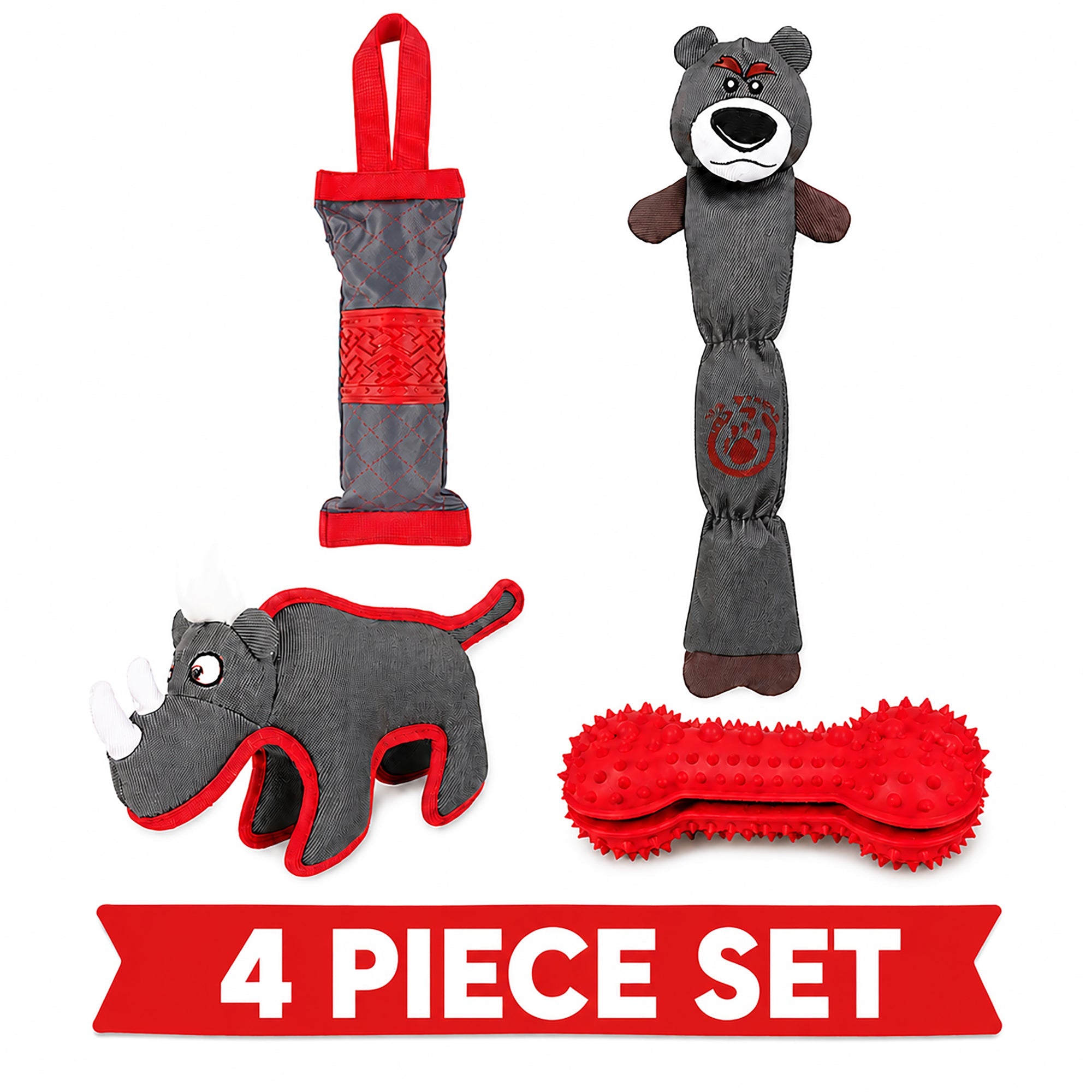 Pet Life ® 4-Piece Durable Plush Nylon and Rubber Fetch Squeak and Rope Dog Toy Set - Red and Gray