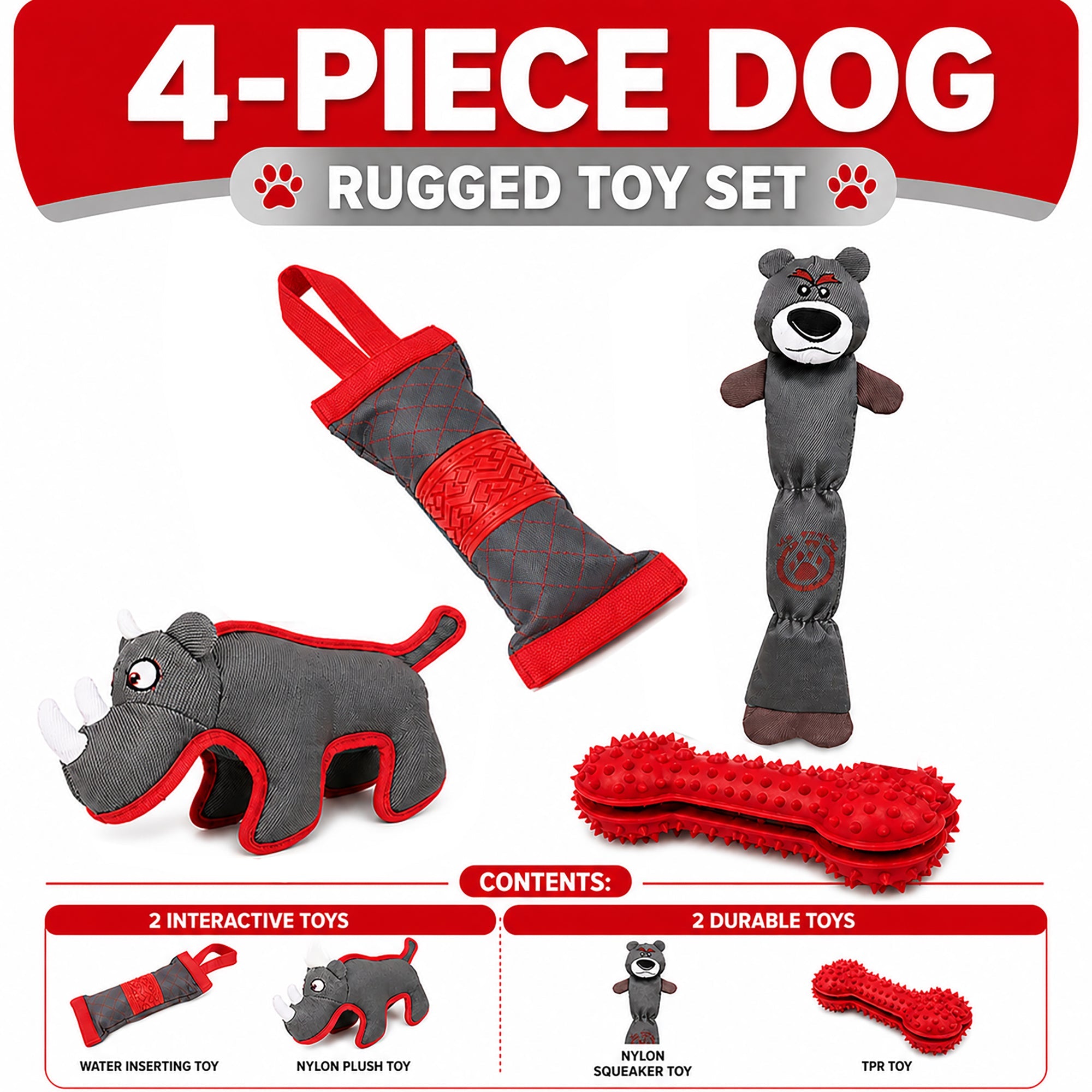 Pet Life ® 4-Piece Durable Plush Nylon and Rubber Fetch Squeak and Rope Dog Toy Set - Red and Gray