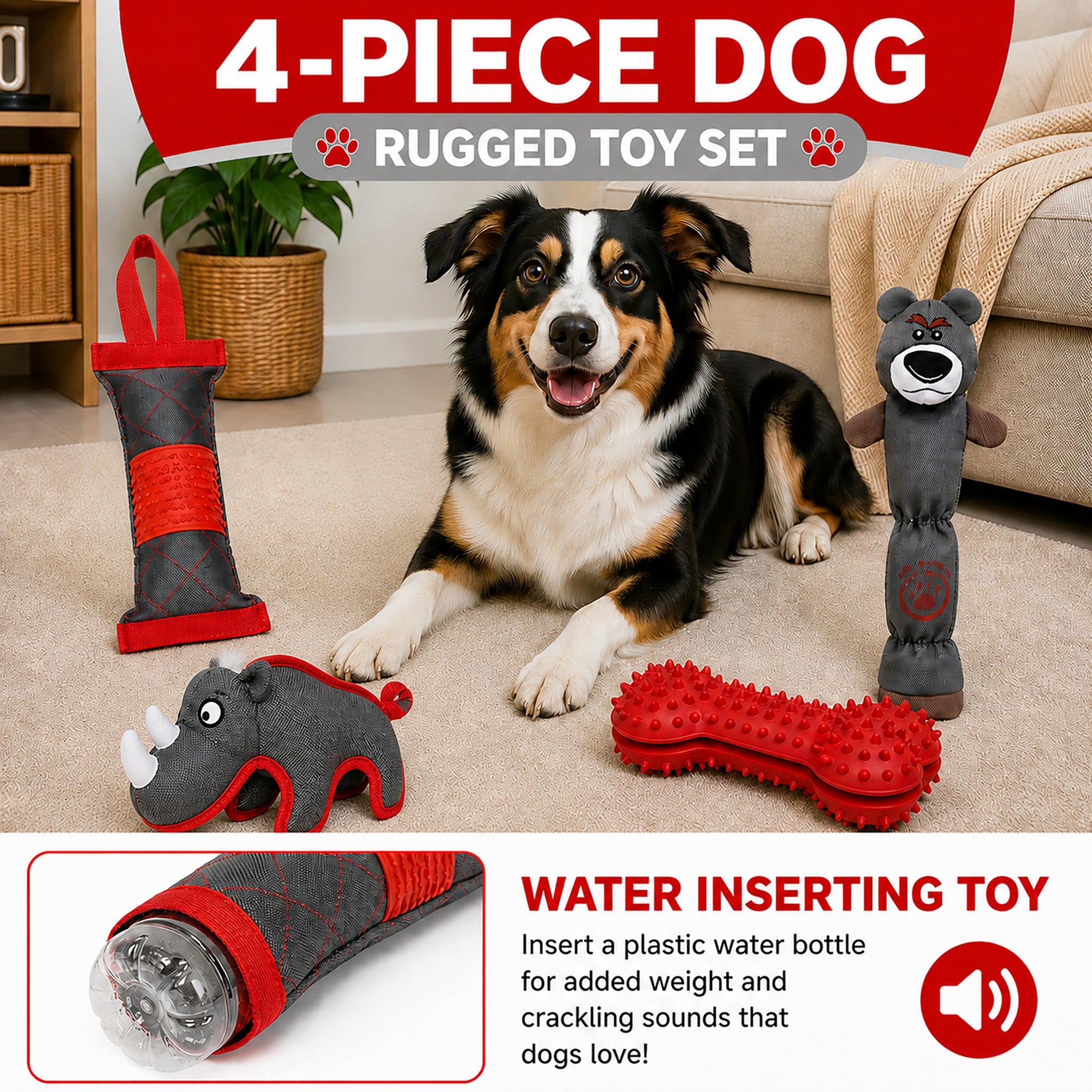 Pet Life ® 4-Piece Durable Plush Nylon and Rubber Fetch Squeak and Rope Dog Toy Set - Red and Gray