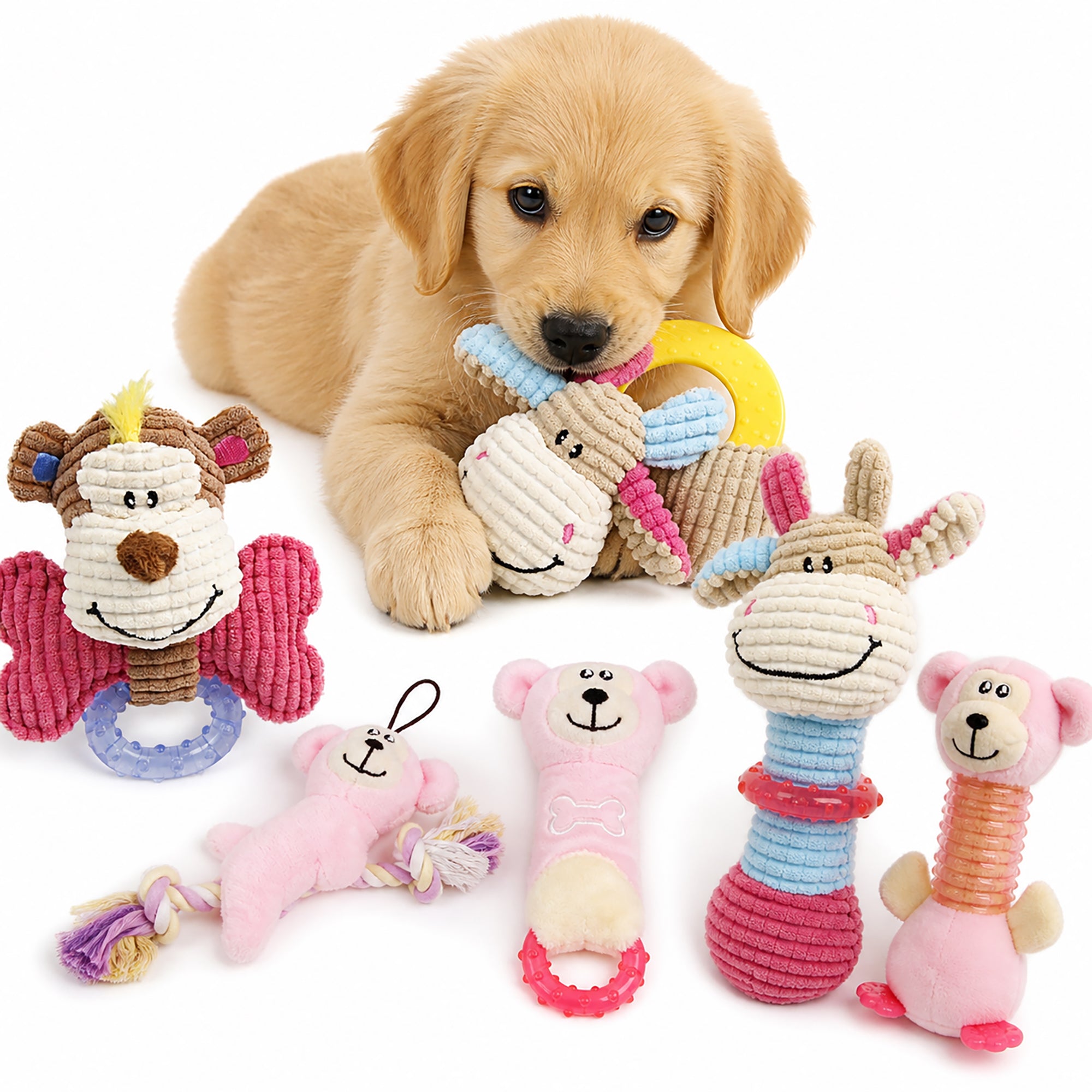 Pet Life ® 6-Piece Girl Puppy Starter Kit Plush Rope Teething and Crinkle Dog Toy Set - Pink Default Title