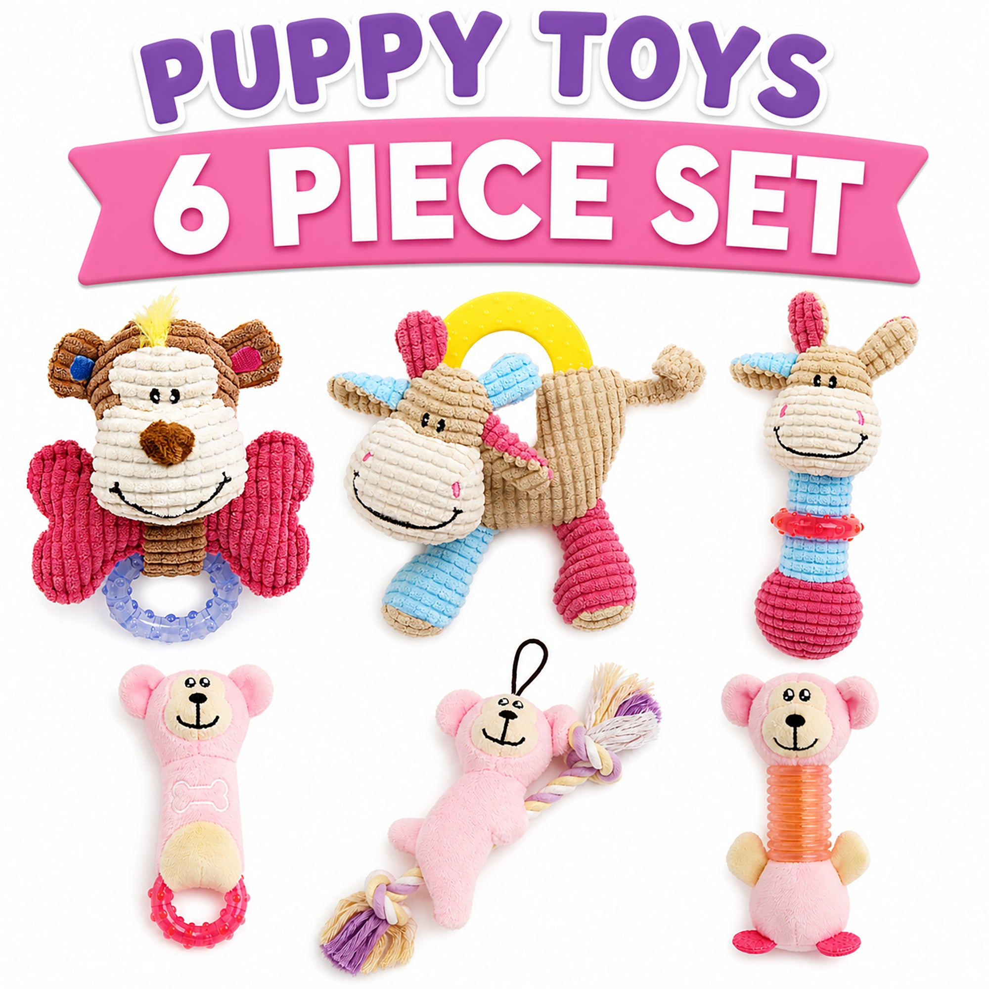 Pet Life ® 6-Piece Girl Puppy Starter Kit Plush Rope Teething and Crinkle Dog Toy Set - Pink