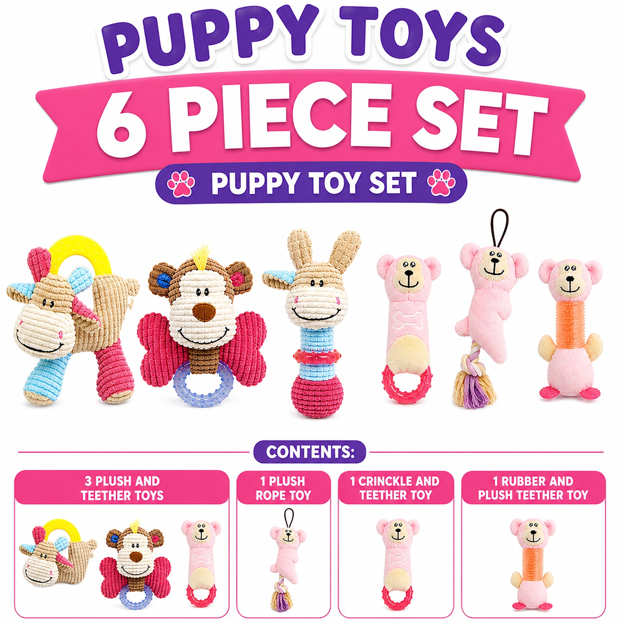 Pet Life ® 6-Piece Girl Puppy Starter Kit Plush Rope Teething and Crinkle Dog Toy Set - Pink