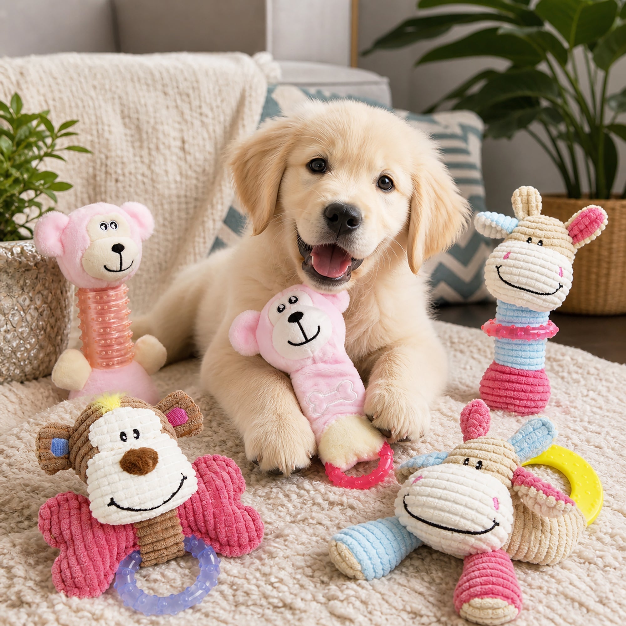 Pet Life ® 6-Piece Girl Puppy Starter Kit Plush Rope Teething and Crinkle Dog Toy Set - Pink