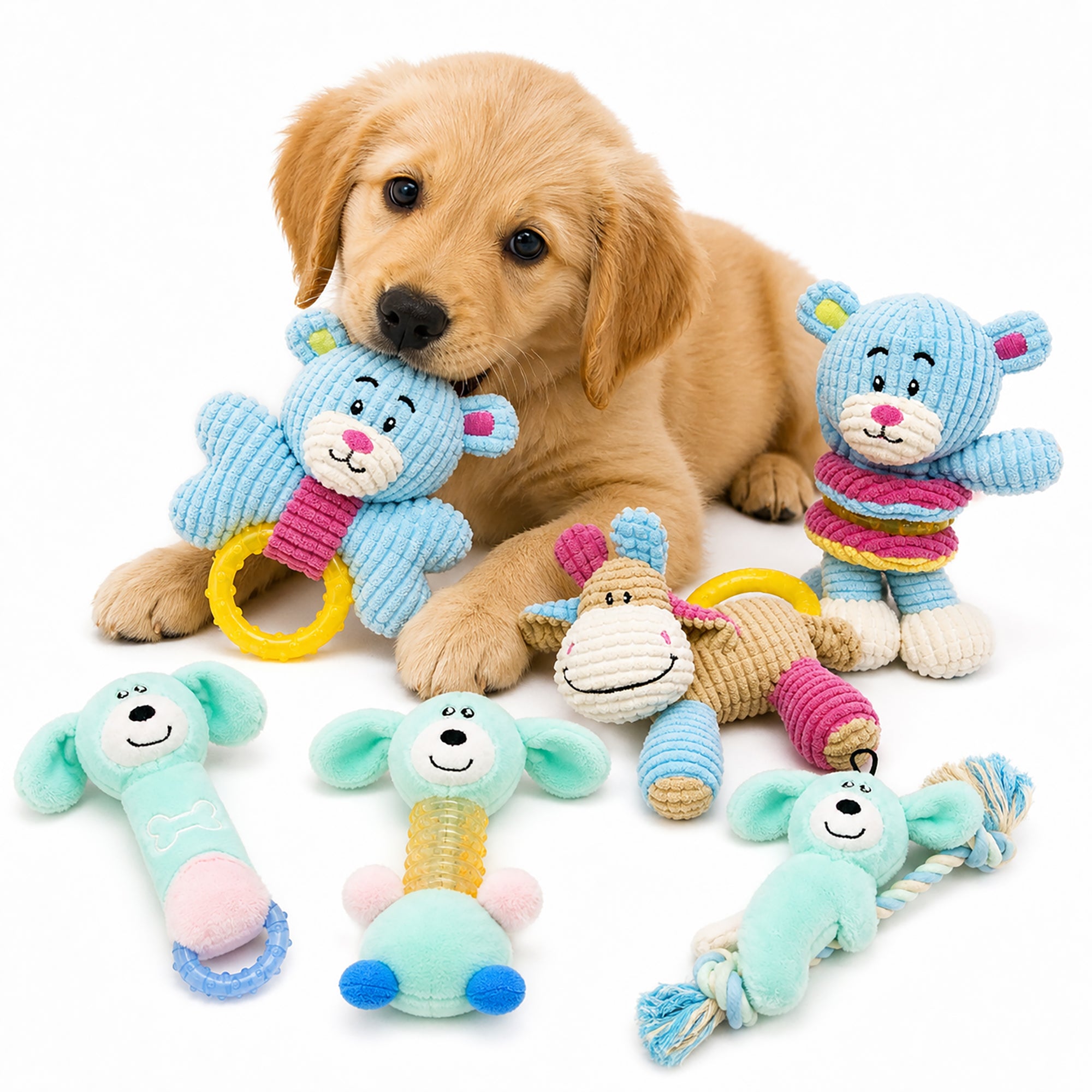 Pet Life ® 6-Piece Boy Puppy Starter Kit Plush Rope Teething and Crinkle Dog Toy Set - Blue Default Title