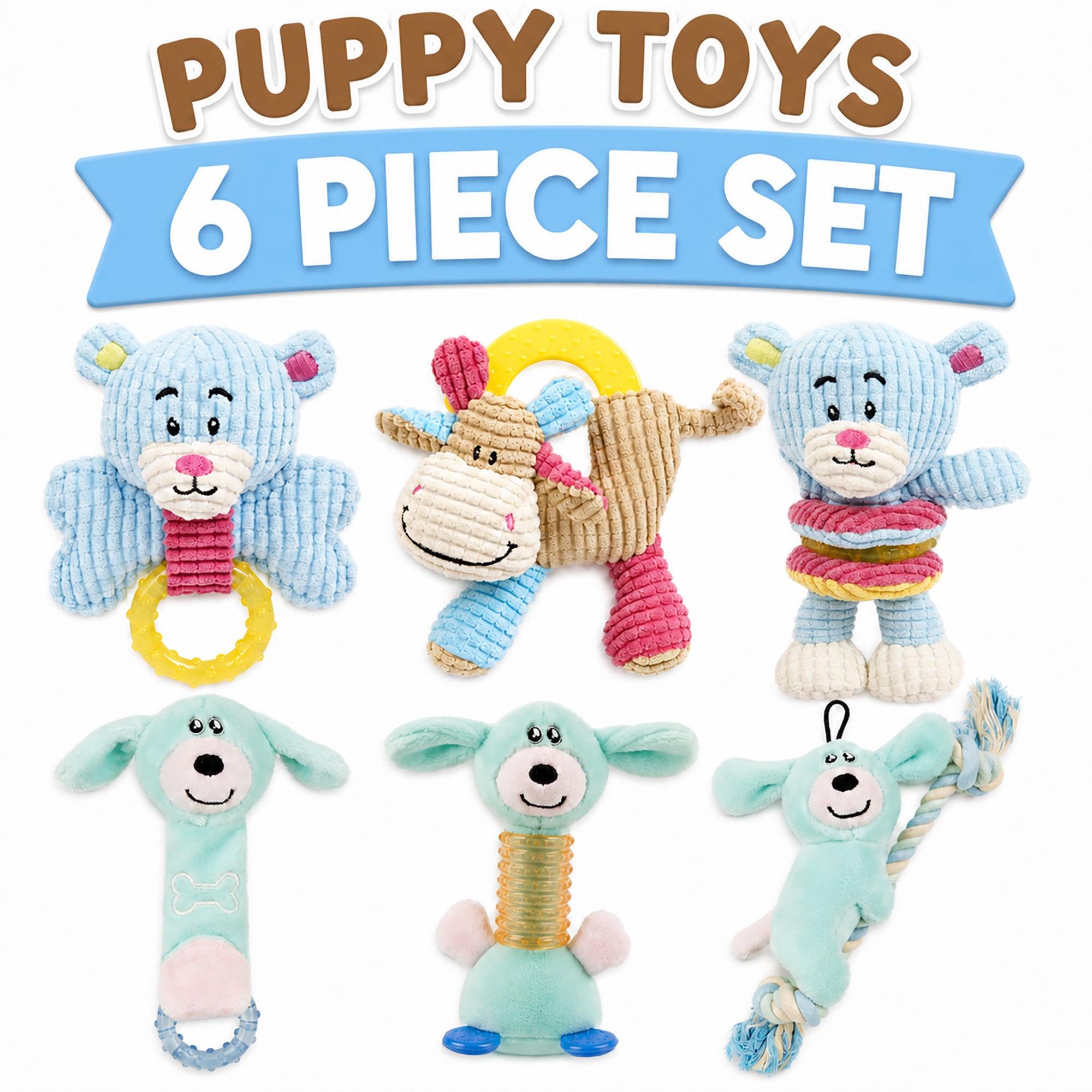 Pet Life ® 6-Piece Boy Puppy Starter Kit Plush Rope Teething and Crinkle Dog Toy Set - Blue