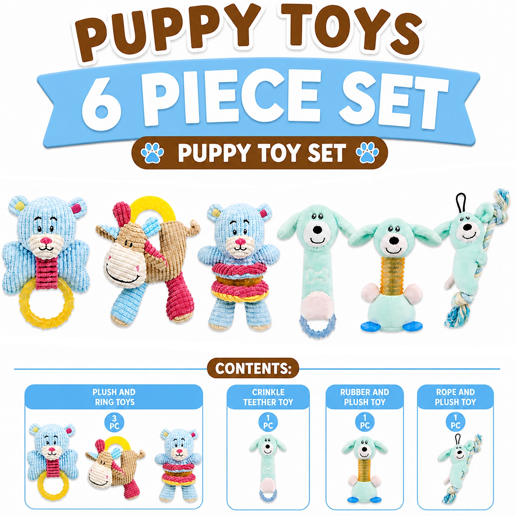 Pet Life ® 6-Piece Boy Puppy Starter Kit Plush Rope Teething and Crinkle Dog Toy Set - Blue