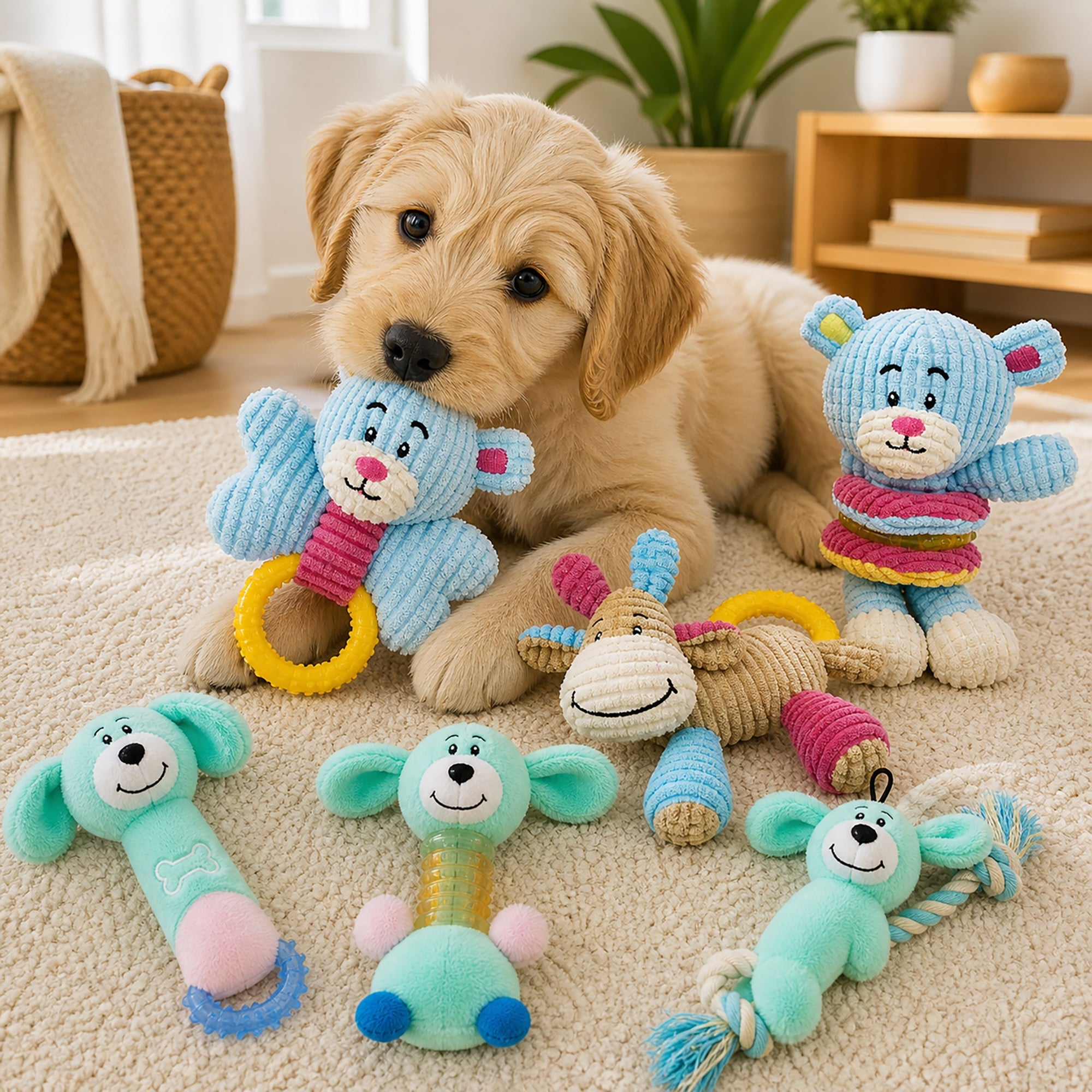 Pet Life ® 6-Piece Boy Puppy Starter Kit Plush Rope Teething and Crinkle Dog Toy Set - Blue