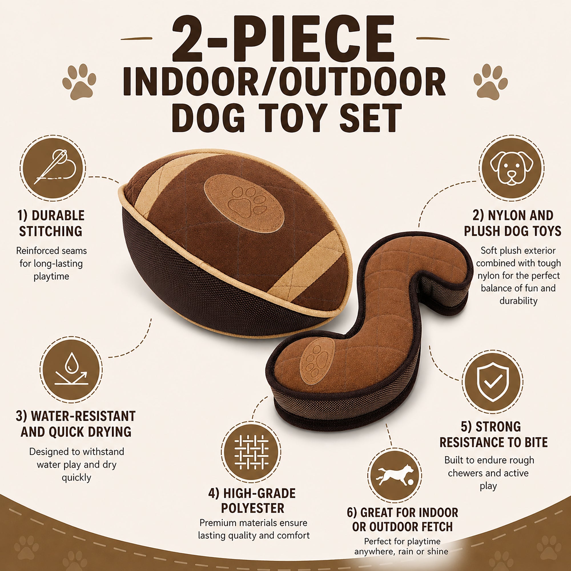 Pet Life ® 2-Piece Indoor or Outdoor Durable Nylon Plush Squeak and Fetch Dog Toy Set - Dark Brown