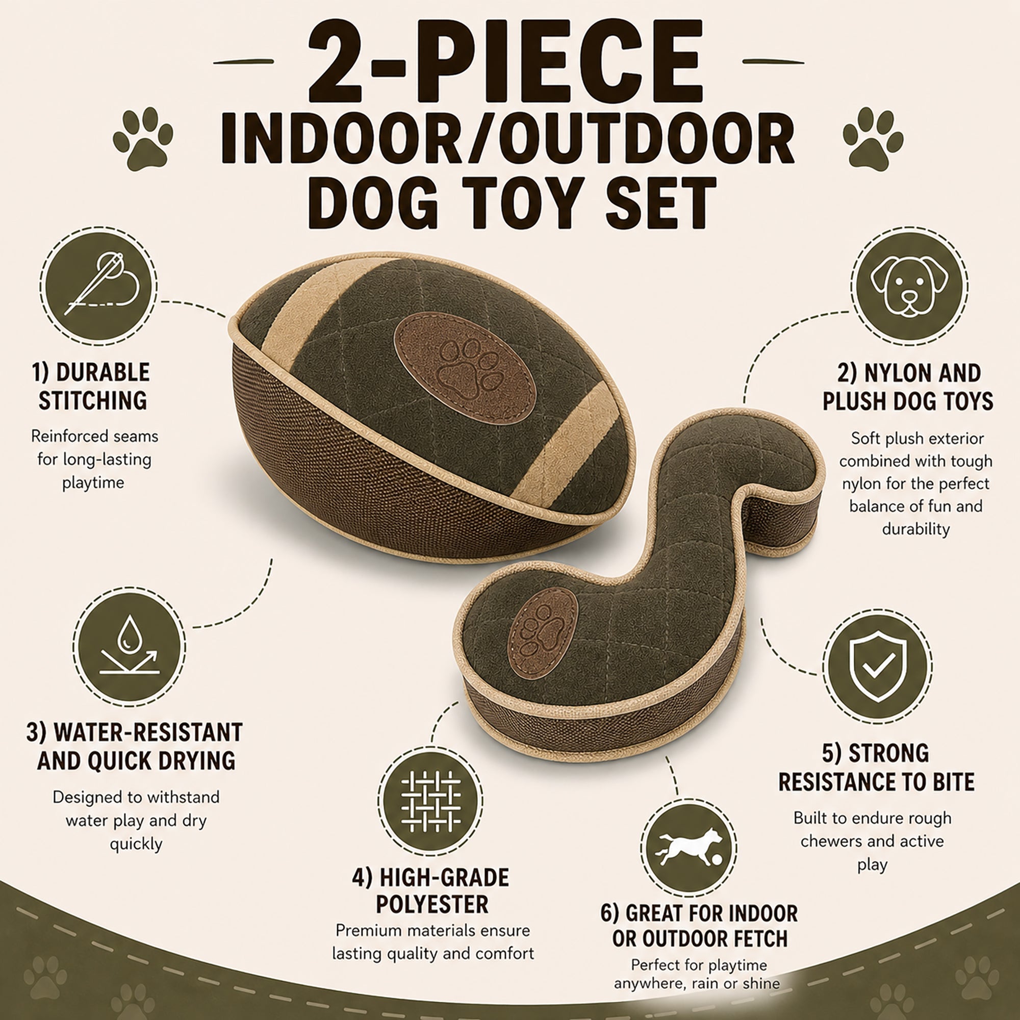 Pet Life ® 2-Piece Indoor or Outdoor Durable Nylon Plush Squeak and Fetch Dog Toy Set - Olive Green