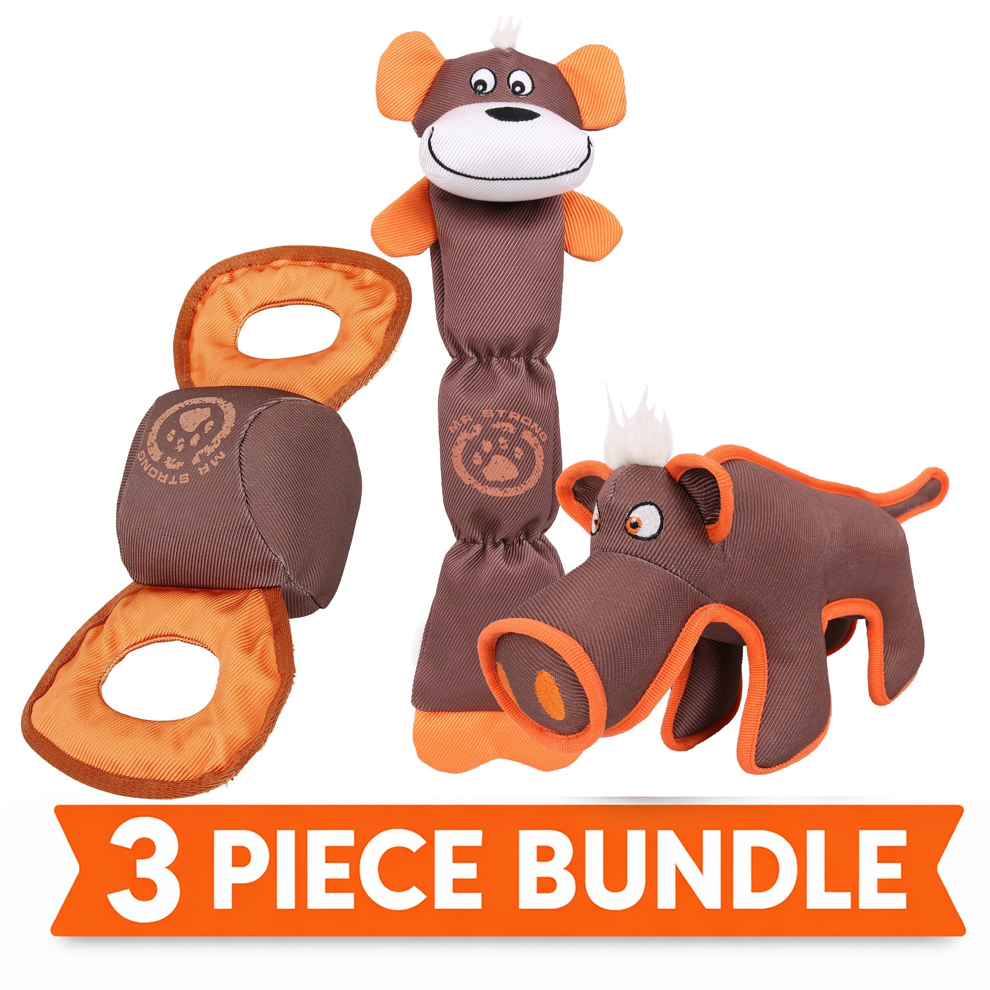 Pet Life ® 3-Piece Durable Nylon Plush Squeaking Bundle Dog Toy Set - Brown and Orange