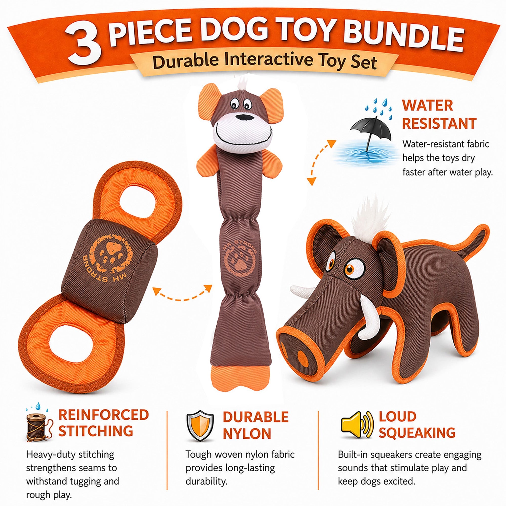 Pet Life ® 3-Piece Durable Nylon Plush Squeaking Bundle Dog Toy Set - Brown and Orange