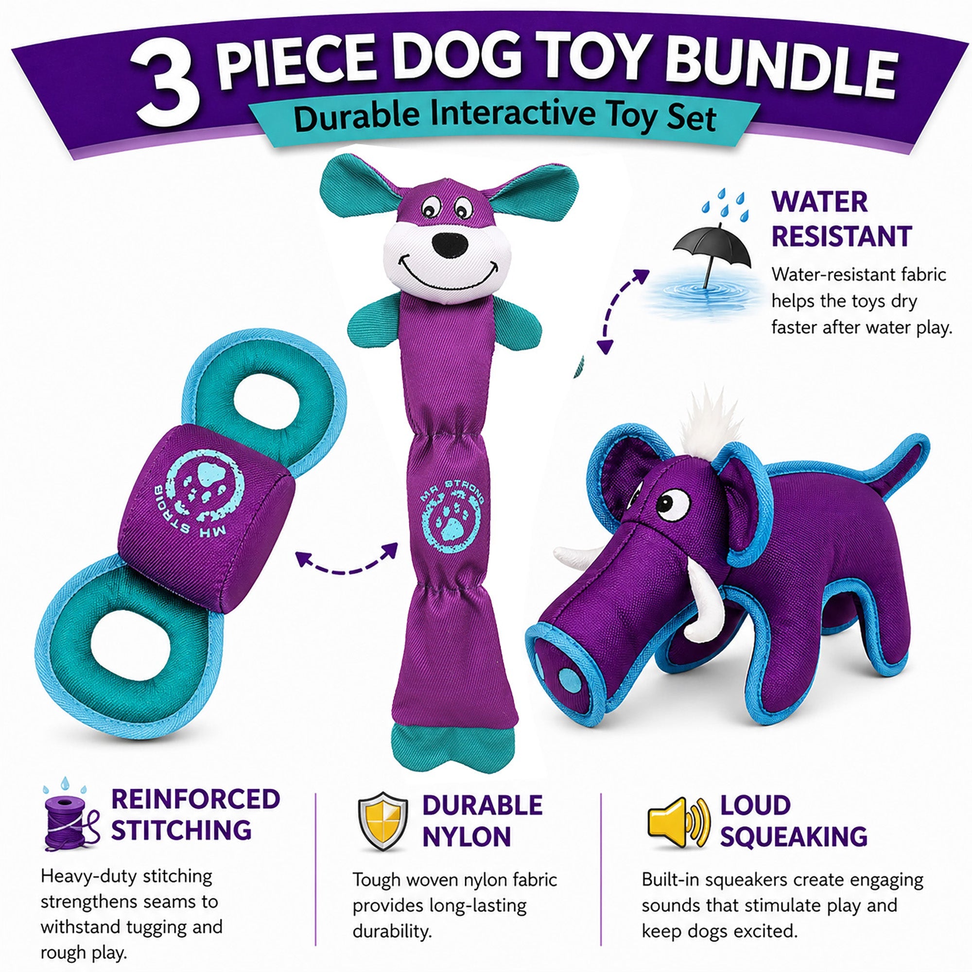 Pet Life ® 3-Piece Durable Nylon Plush Squeaking Bundle Dog Toy Set - Purple and Aqua