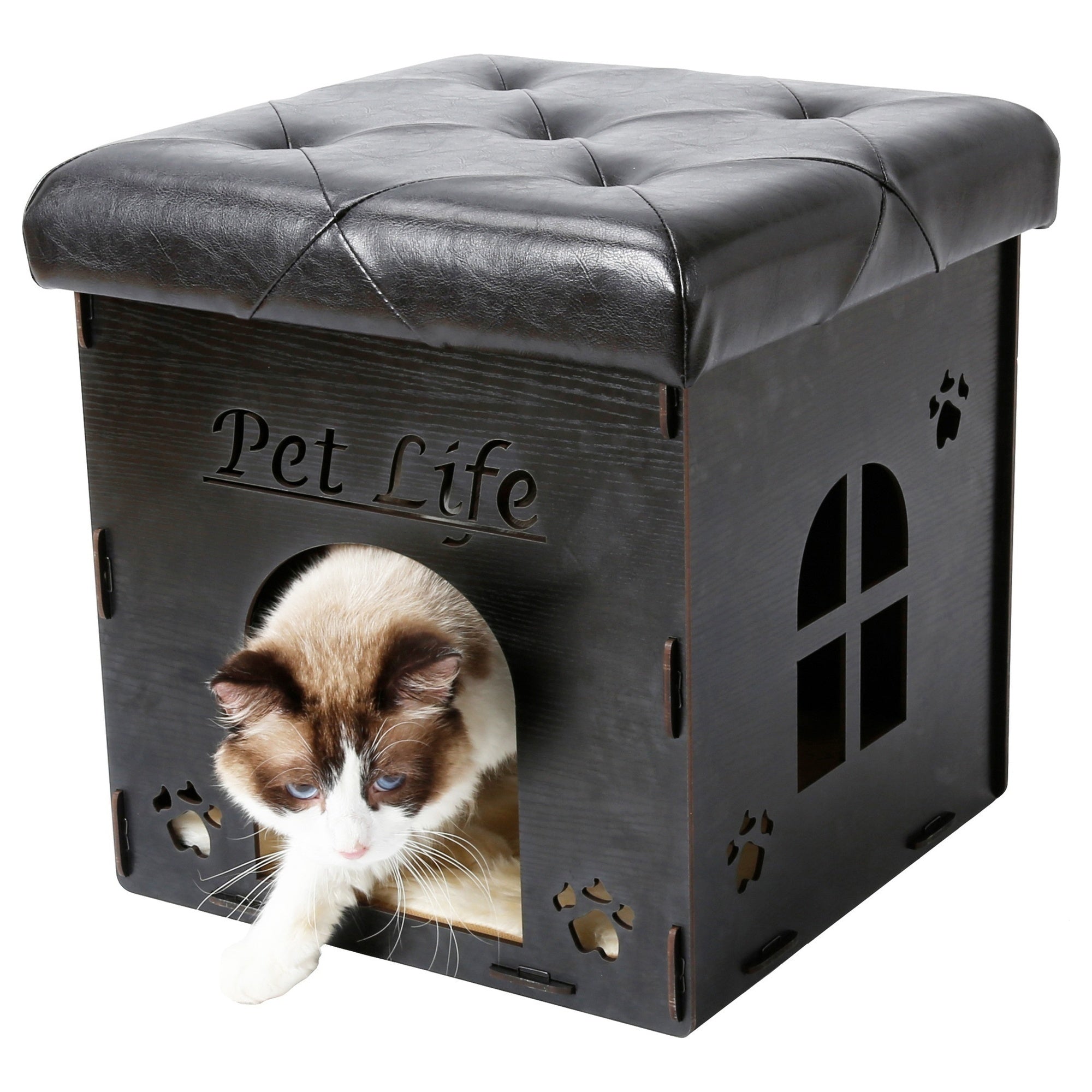 Pet Life ® 'Kitty Kallapse' Collapsible Folding Kitty Cat House Tree Bed Ottoman Bench Furniture Black