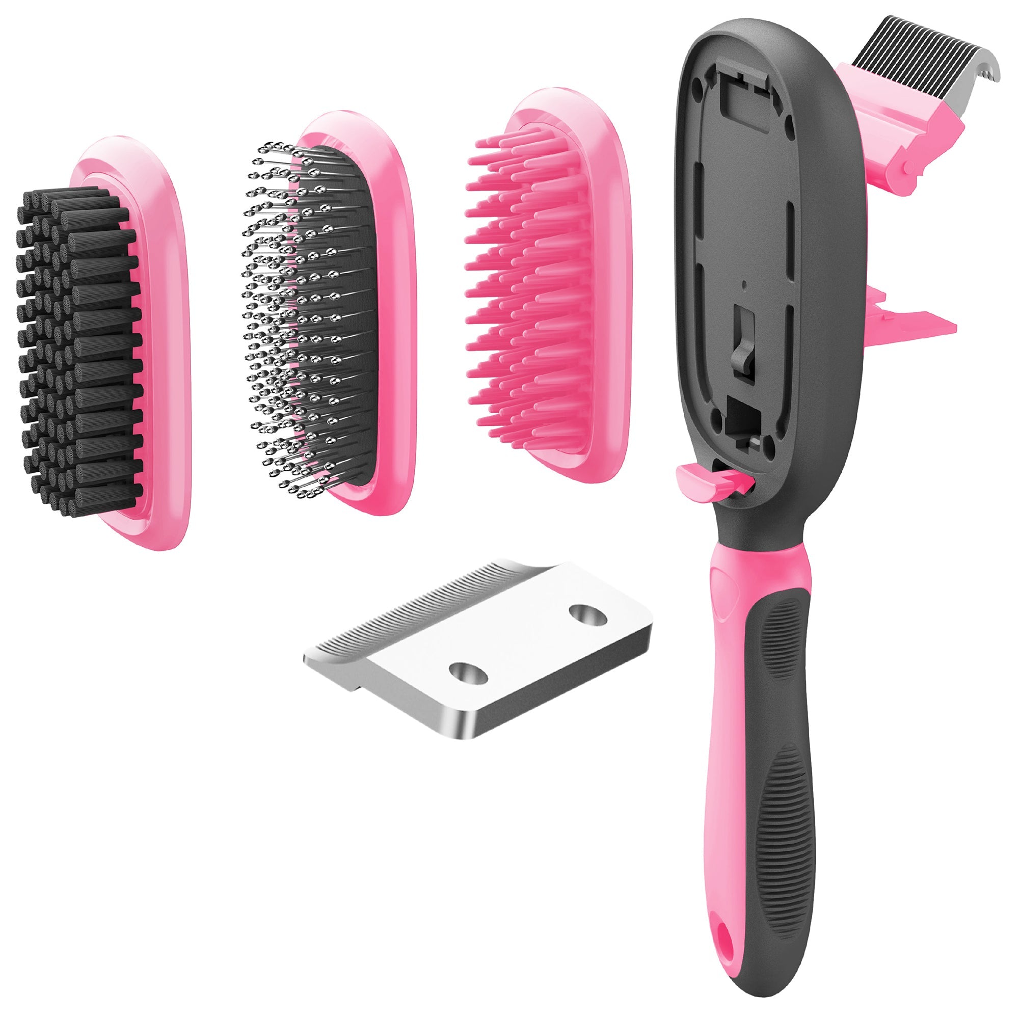 Pet Life ® 'Conversion' 5-in-1 Interchangeable Dematting and Deshedding Bristle Pin and Massage Grooming Pet Comb Pink