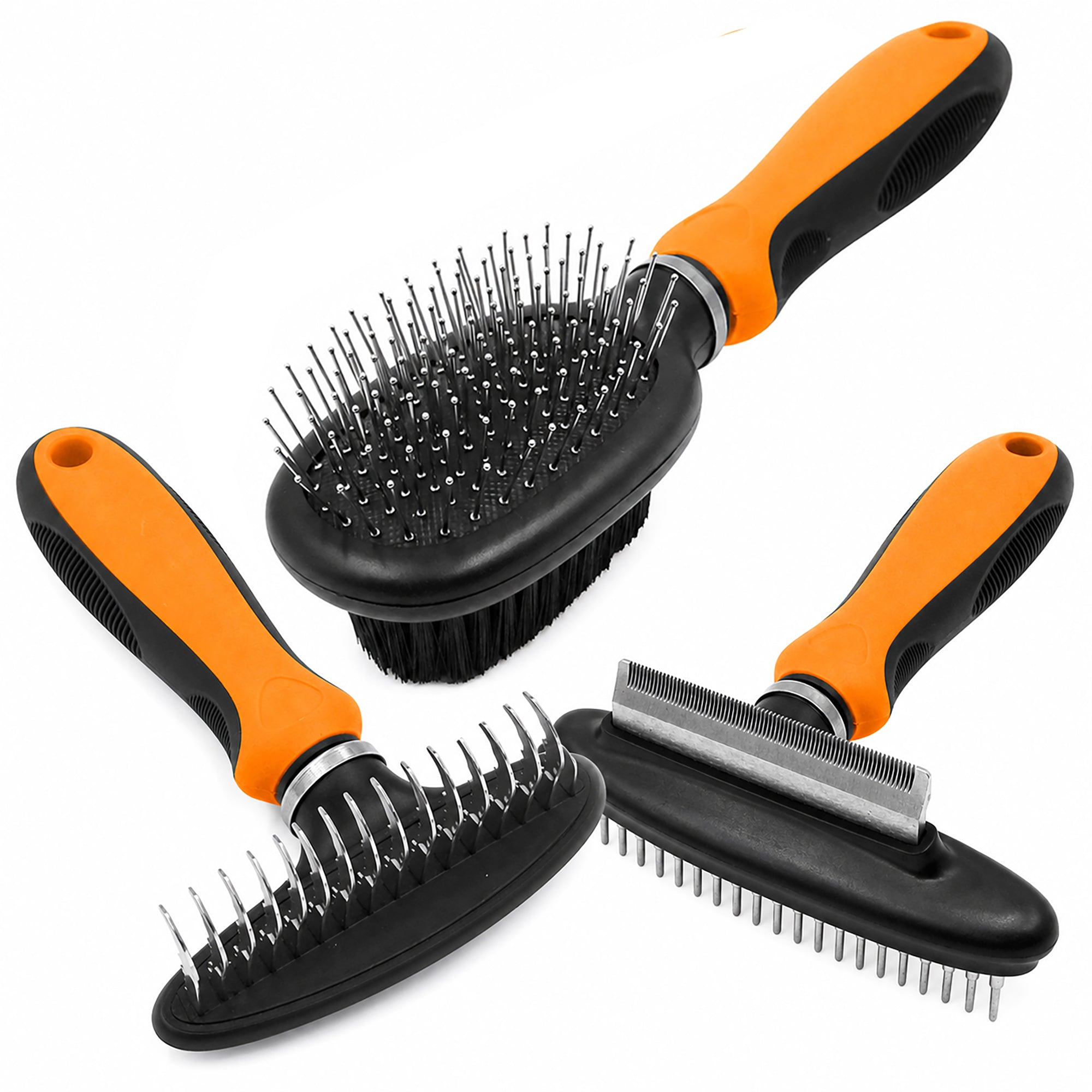 Pet Life ® 3-Piece Premium Flex-Series Rake Deshedder Slicker and Pin Brush Cat and Dog Grooming Set - Orange Default Title