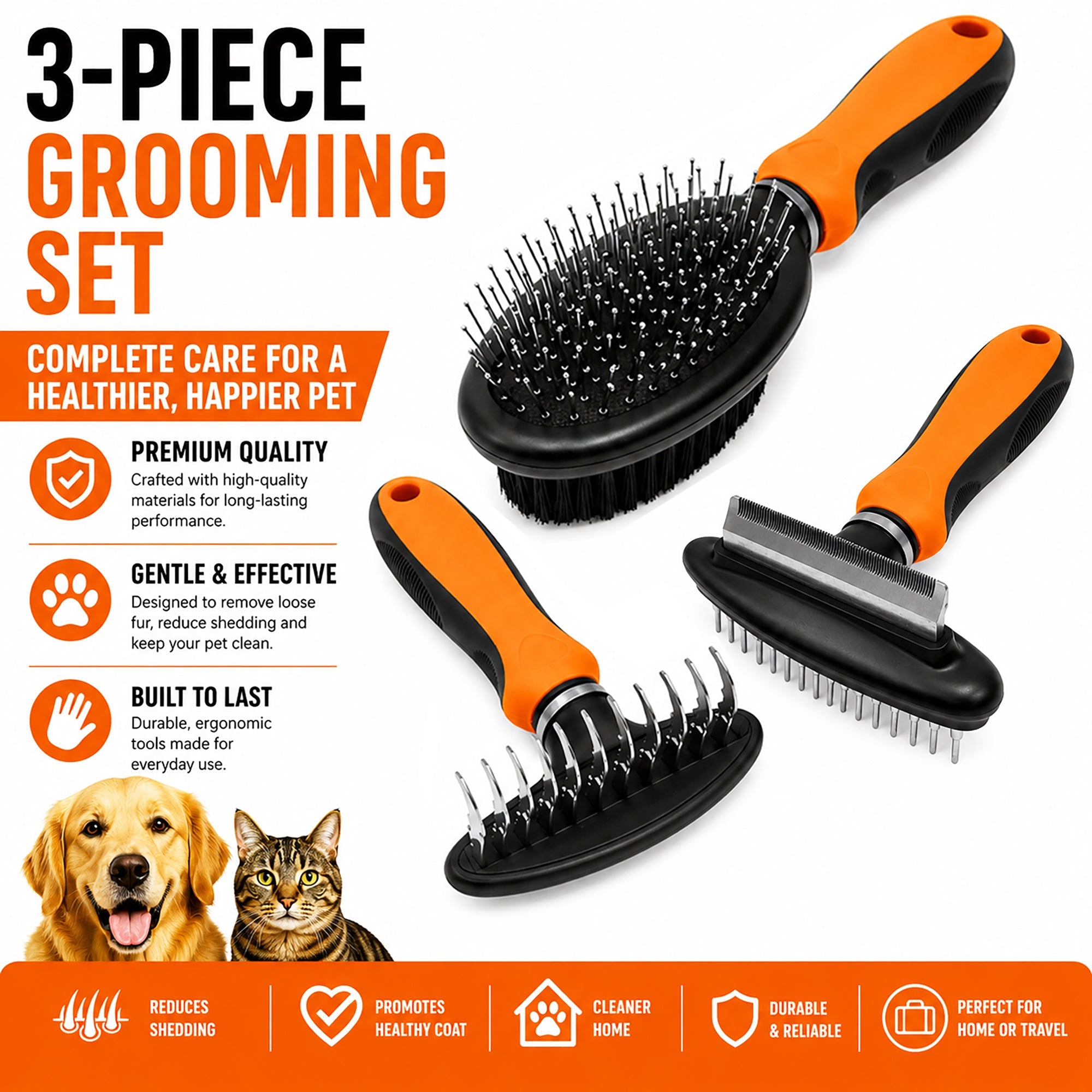 Pet Life ® 3-Piece Premium Flex-Series Rake Deshedder Slicker and Pin Brush Cat and Dog Grooming Set - Orange
