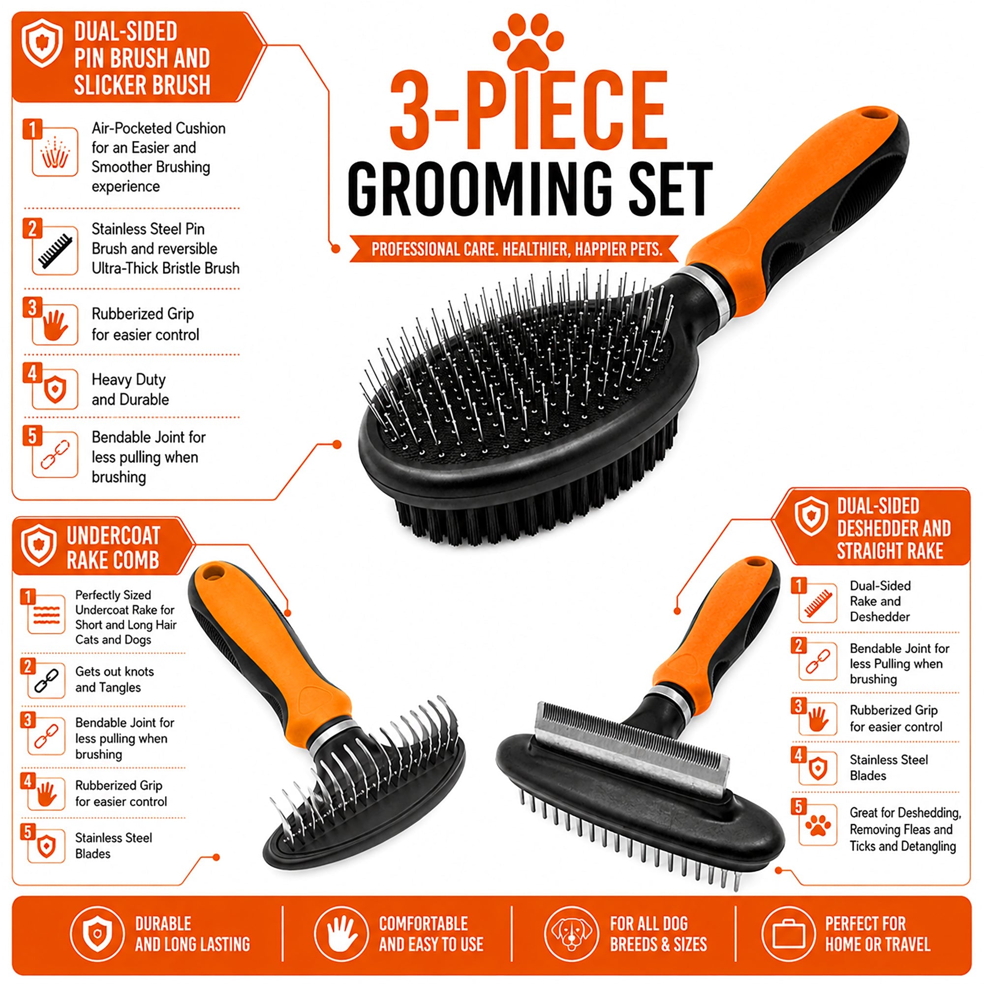 Pet Life ® 3-Piece Premium Flex-Series Rake Deshedder Slicker and Pin Brush Cat and Dog Grooming Set - Orange