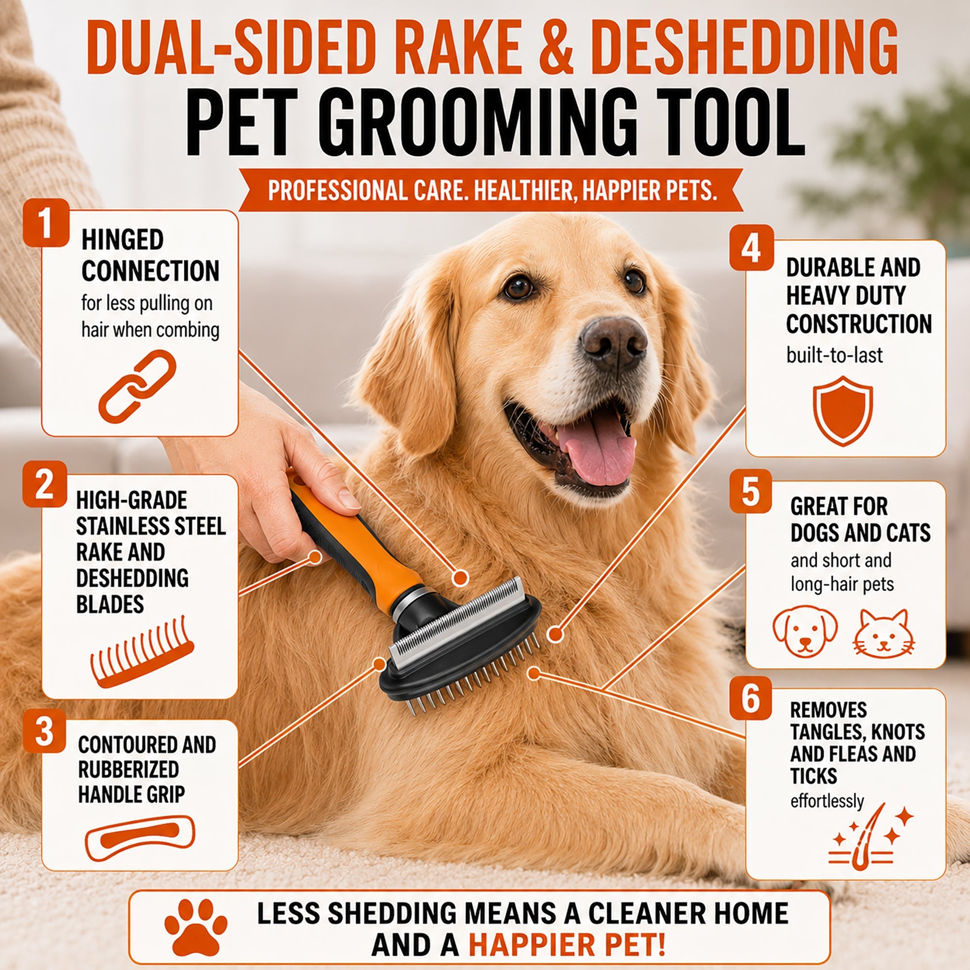Pet Life ® 3-Piece Premium Flex-Series Rake Deshedder Slicker and Pin Brush Cat and Dog Grooming Set - Orange