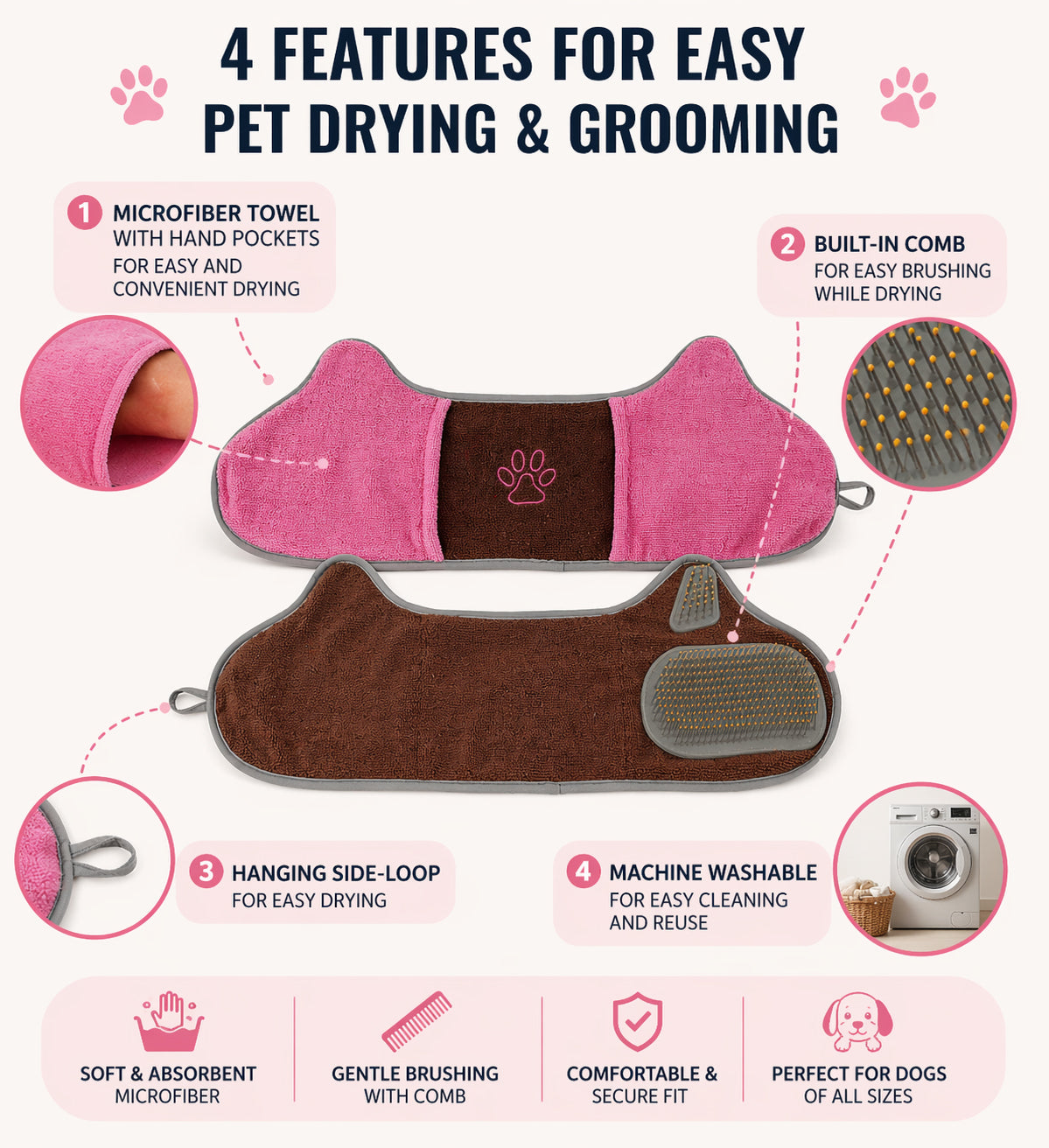 Pet Life ® 'Bryer' 2-in-1 Hand-Inserted Grooming Cat and Dog Microfiber Towel and Pet Hair Brush Combination - 2 Pack