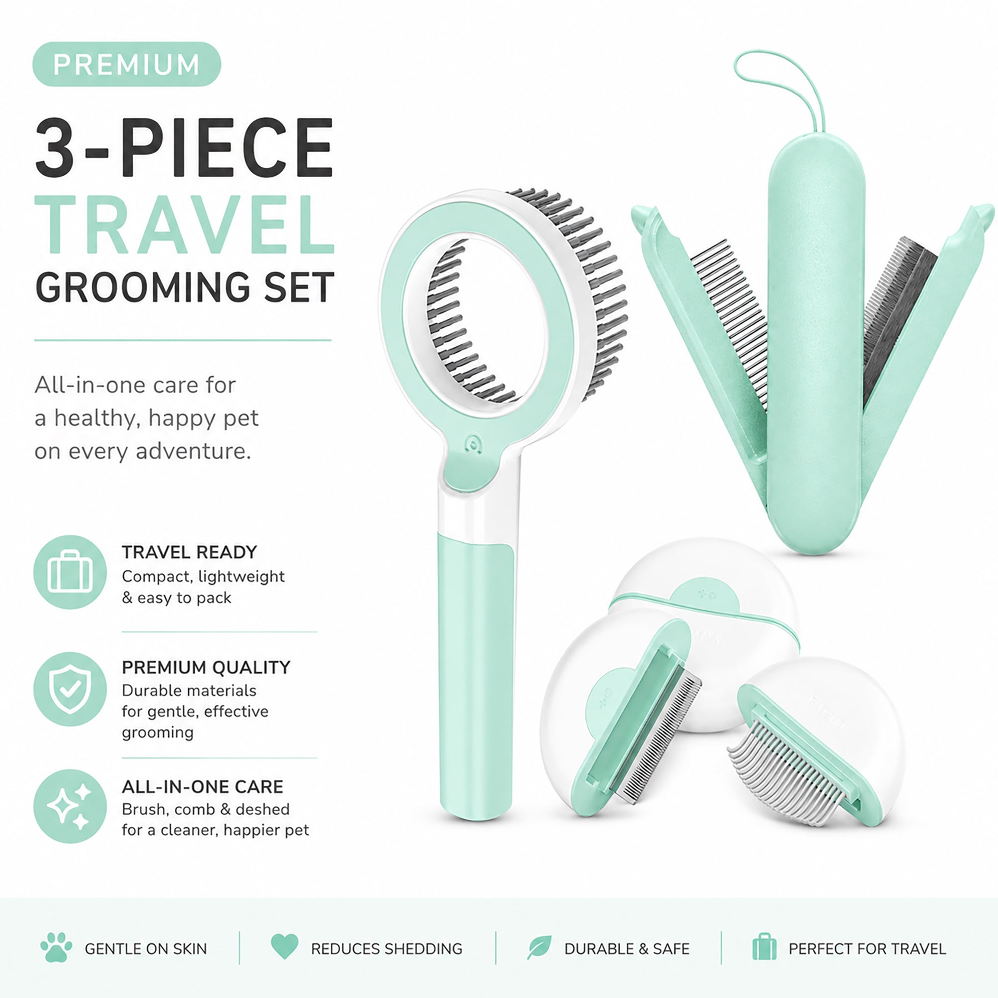 Pet Life ® 3-Piece Modern Premium and Travel Rake Deshedder and Comb Cat and Dog Grooming Set - Green