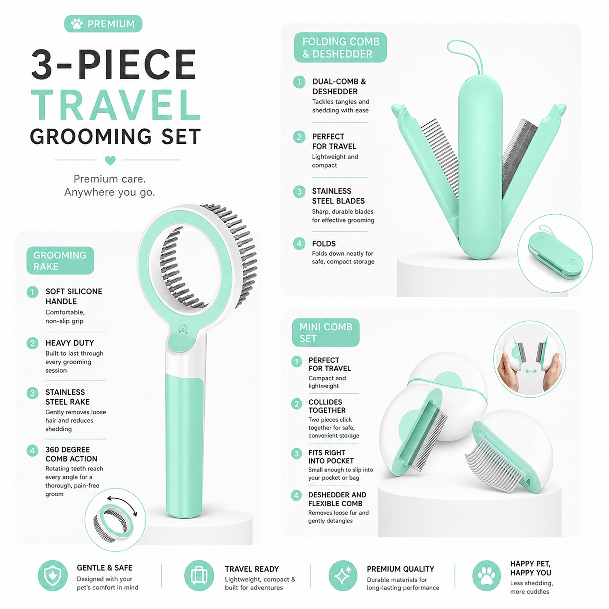 Pet Life ® 3-Piece Modern Premium and Travel Rake Deshedder and Comb Cat and Dog Grooming Set - Green