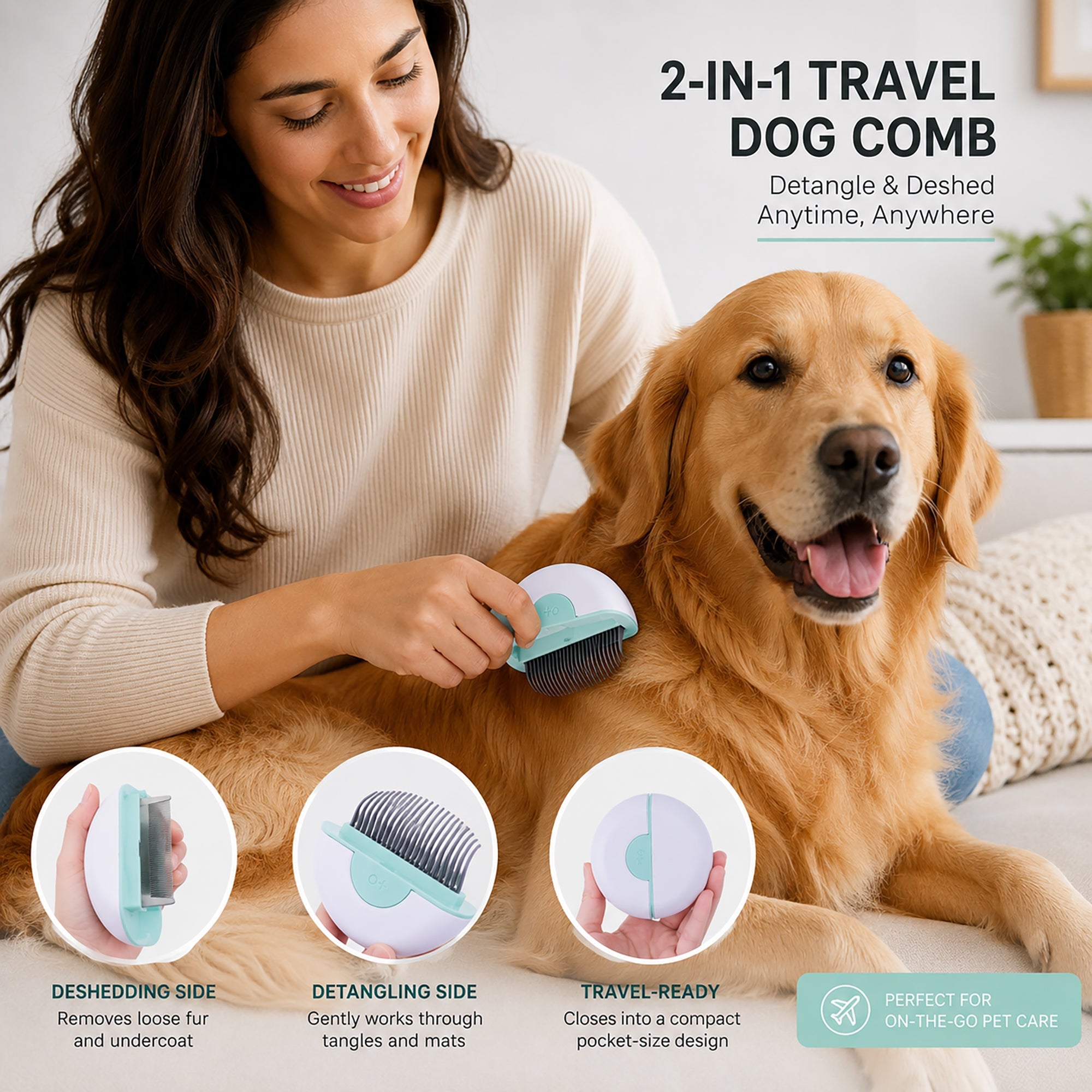 Pet Life ® 3-Piece Modern Premium and Travel Rake Deshedder and Comb Cat and Dog Grooming Set - Green