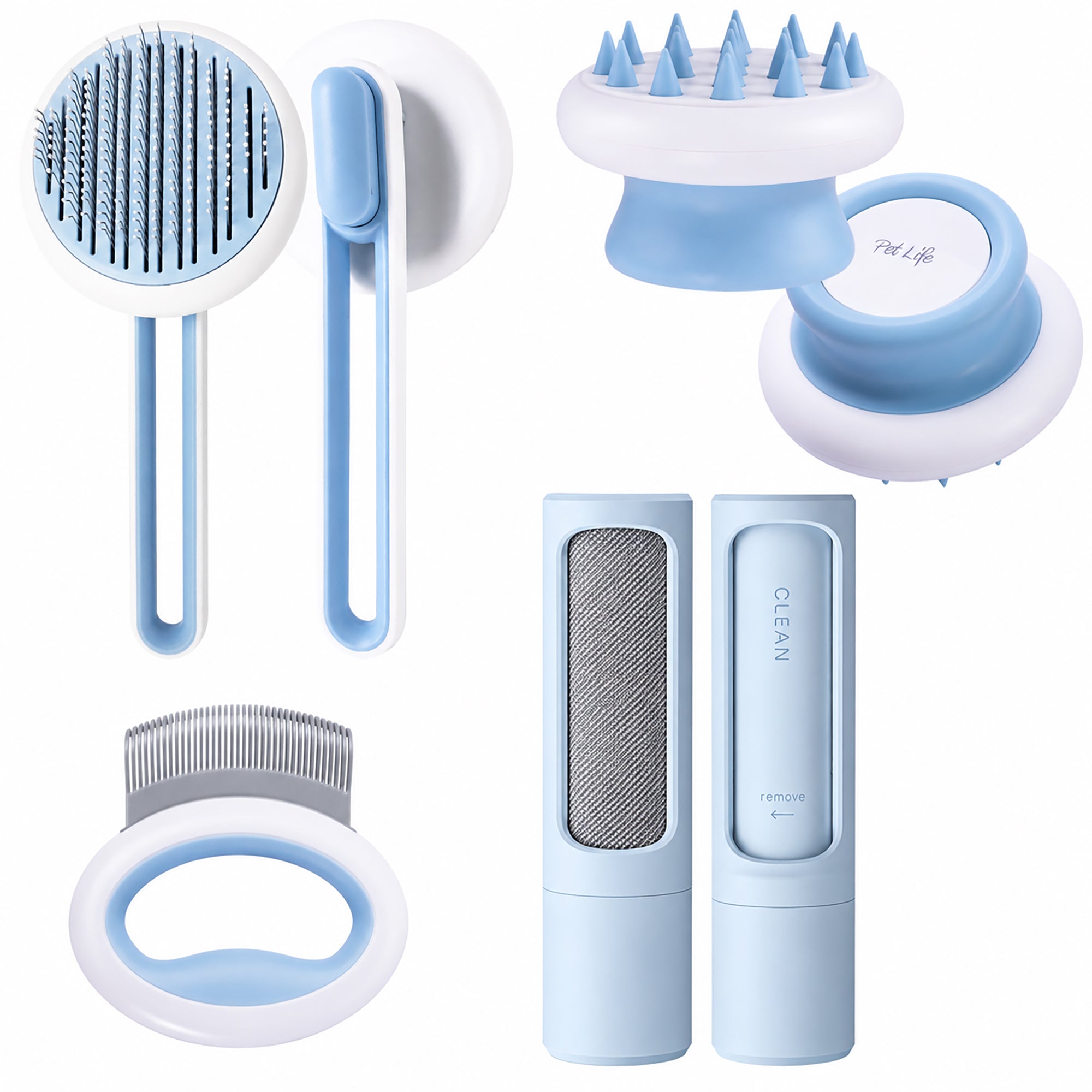 Pet Life ® 4-Piece Modern Premium Massage Slicker and Lint Brush and Deshedder Cat and Dog Grooming Set - Blue Default Title