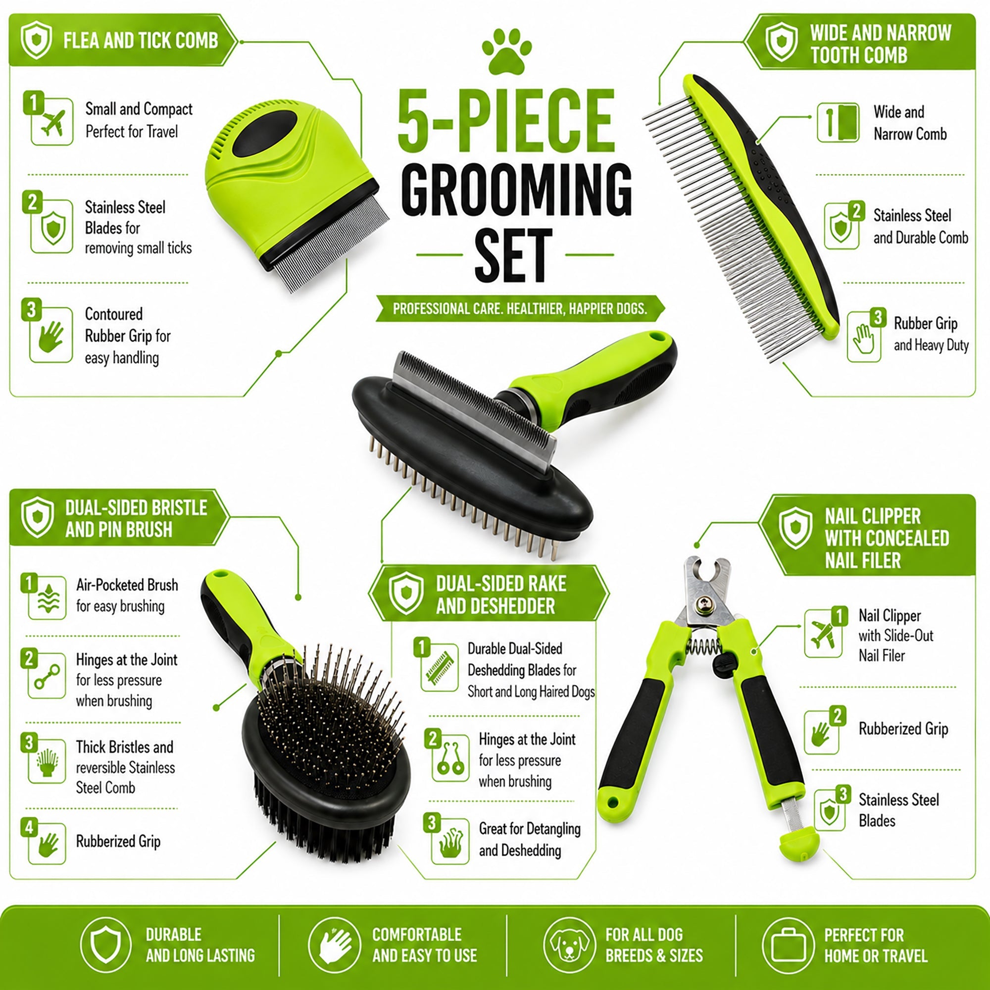 Pet Life ® 5-Piece Premium Nail Trimmer and Comb Pin Tick and Bristle Brush Cat and Dog Grooming Set - Green