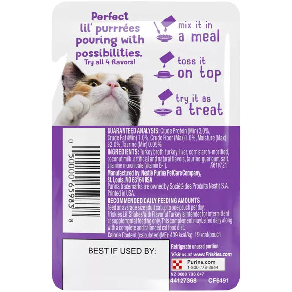 Purina Friskies Lil' Shakes Turkey Puree with Coconut Milk with Cat Food or Topper Pouch - 1.55 Oz - Case of 16