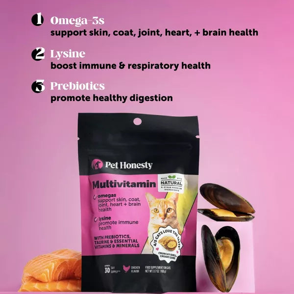 Pet Honesty Daily Multi-Vitamin with Lysine and Omega-3 Joint Skin and Digestion Chicken Flavor Supplemental Cat Treats - 3.7 Oz - 30 Day Supply