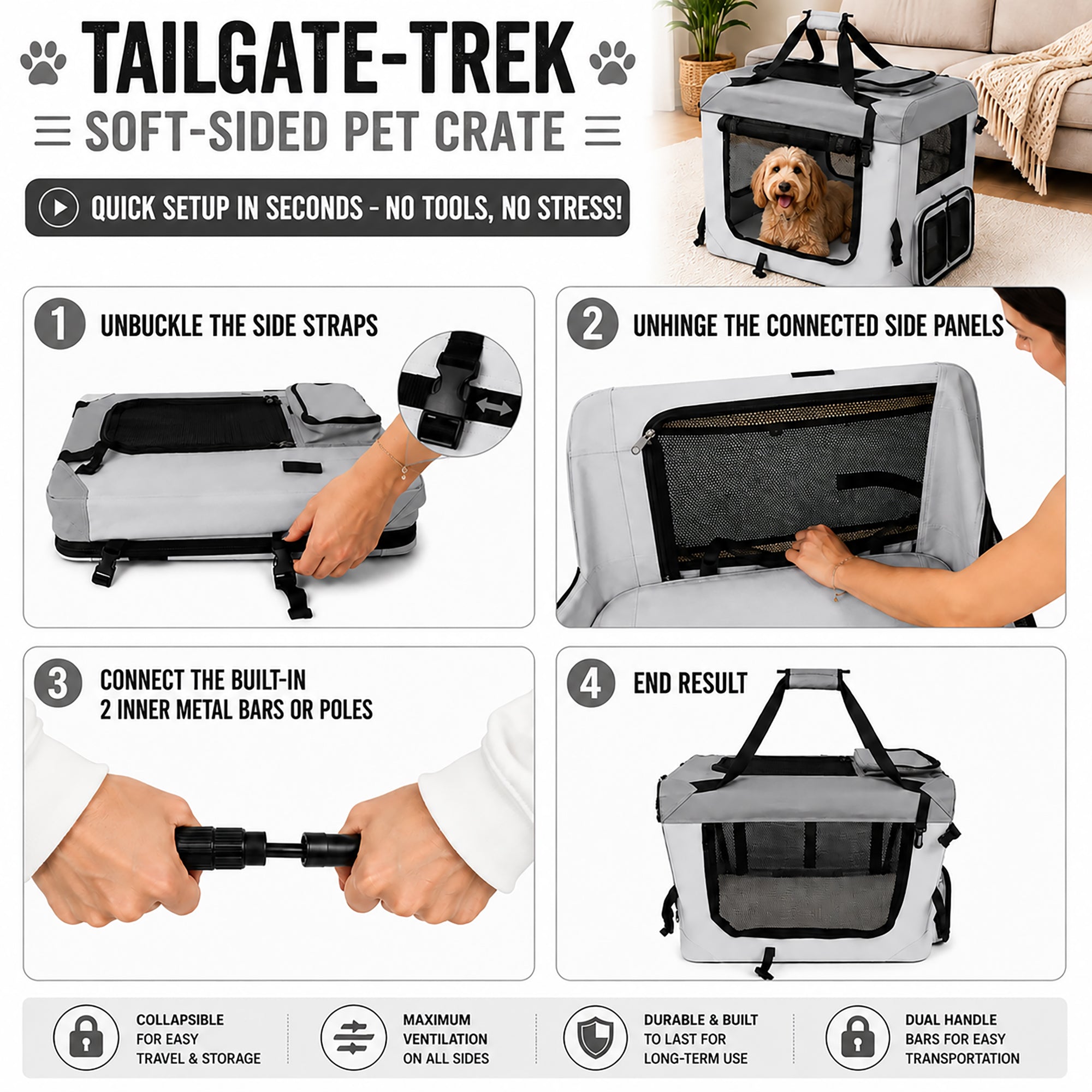 Pet Life ® Tailgate-Den Collapsible Travel Pet Crate with Dual Bowls and Storage